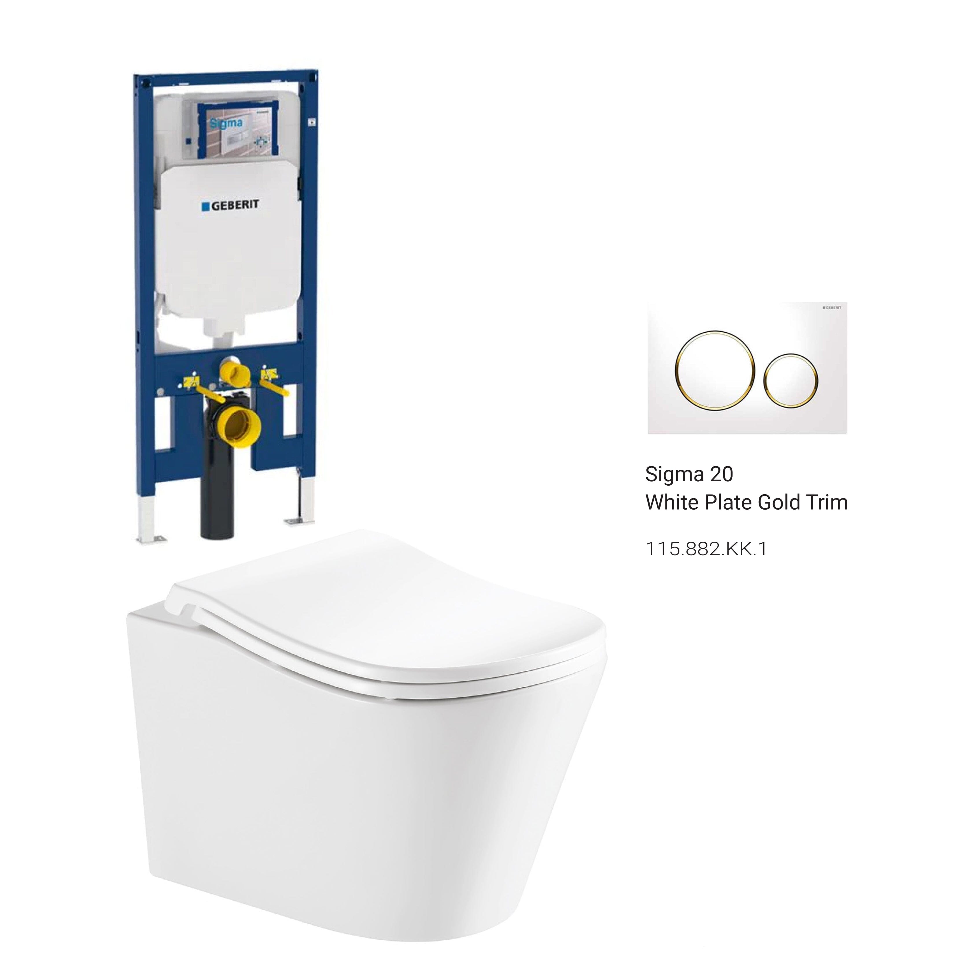 Edge52 Rimless Tornado Wall Hung Toilet Package - Geberit Sigma 8 Duofix In Wall Cistern & Round Button Arova White plate with gold trim