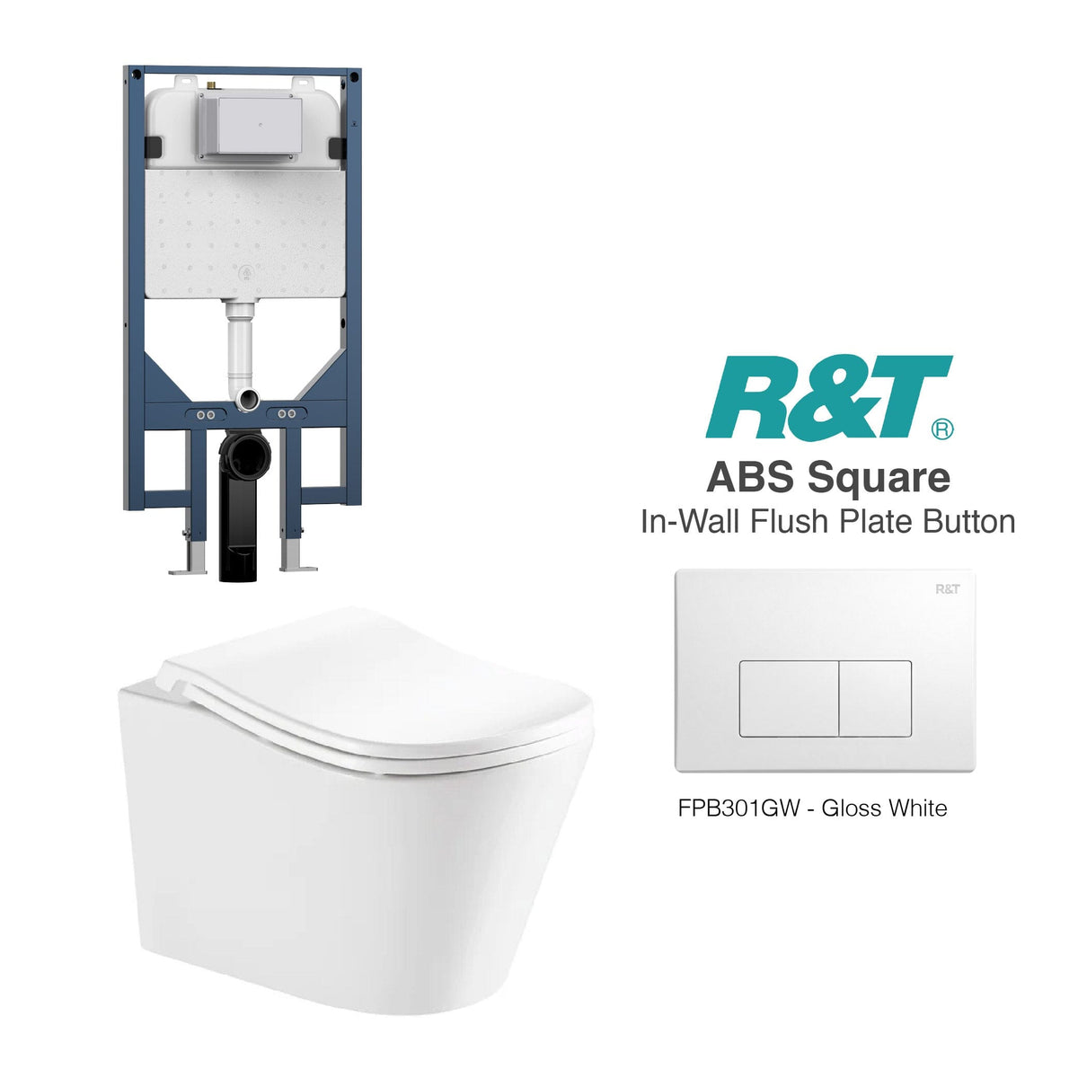 Edge52 Rimless Tornado Wall Hung Toilet Package - R&T Cistern & ABS Square Button Arova Edge52 Ergoflow Wall Hung Toilet Pan CST003 - R&T In Wall Toilet Cistern Gloss White