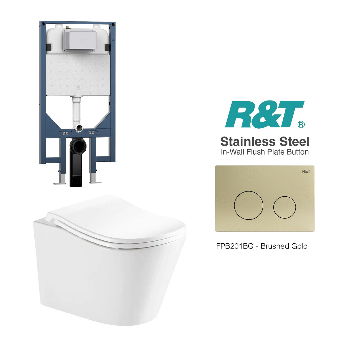 Edge52 Rimless Tornado Wall Hung Toilet Package - R&T Cistern & Stainless Steel Button Arova Edge52 Ergonomic Wall Hung Toilet Pan CST003 - R&T In Wall Toilet Cistern Brushed Gold