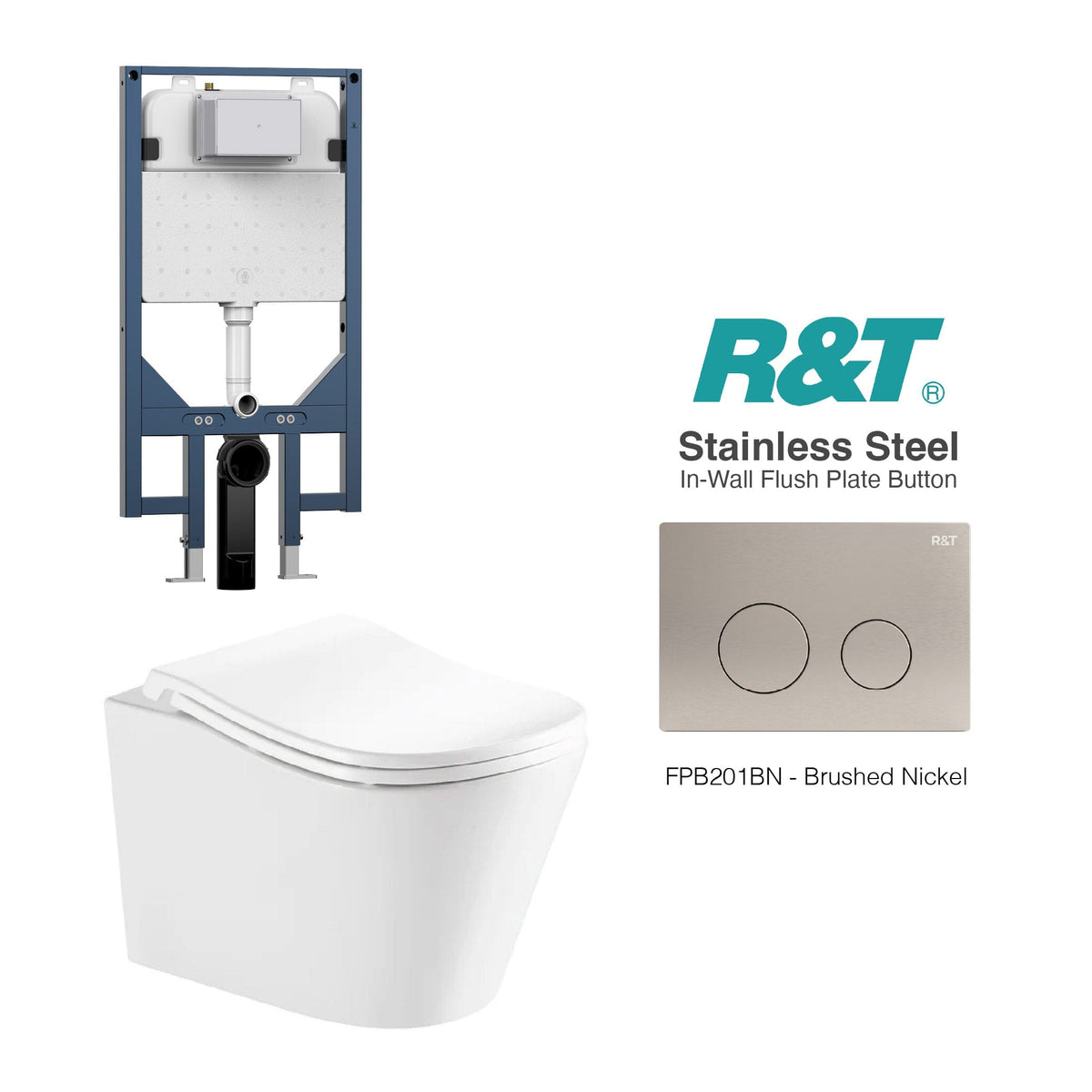 Edge52 Rimless Tornado Wall Hung Toilet Package - R&T Cistern & Stainless Steel Button Arova Edge52 Ergonomic Wall Hung Toilet Pan CST003 - R&T In Wall Toilet Cistern Brushed Nickel