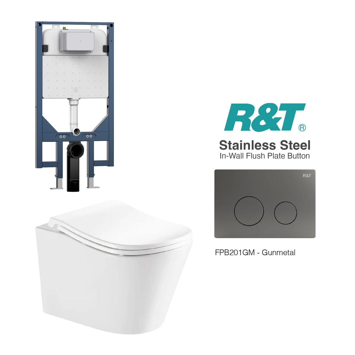 Edge52 Rimless Tornado Wall Hung Toilet Package - R&T Cistern & Stainless Steel Button Arova Edge52 Ergonomic Wall Hung Toilet Pan CST003 - R&T In Wall Toilet Cistern Gunmetal