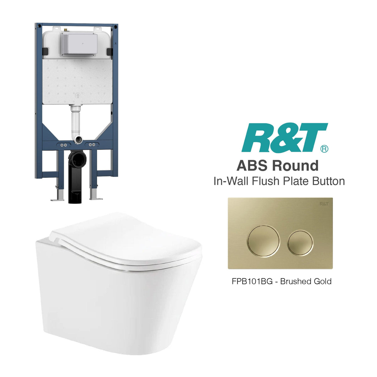 Edge52 Wall Hung Rimless Tornado Toilet Package - R&T Cistern & ABS Round Button Arova Edge52 Ergonomic Wall Hung Toilet Pan CST003 - R&T In Wall Toilet Cistern Brushed Gold