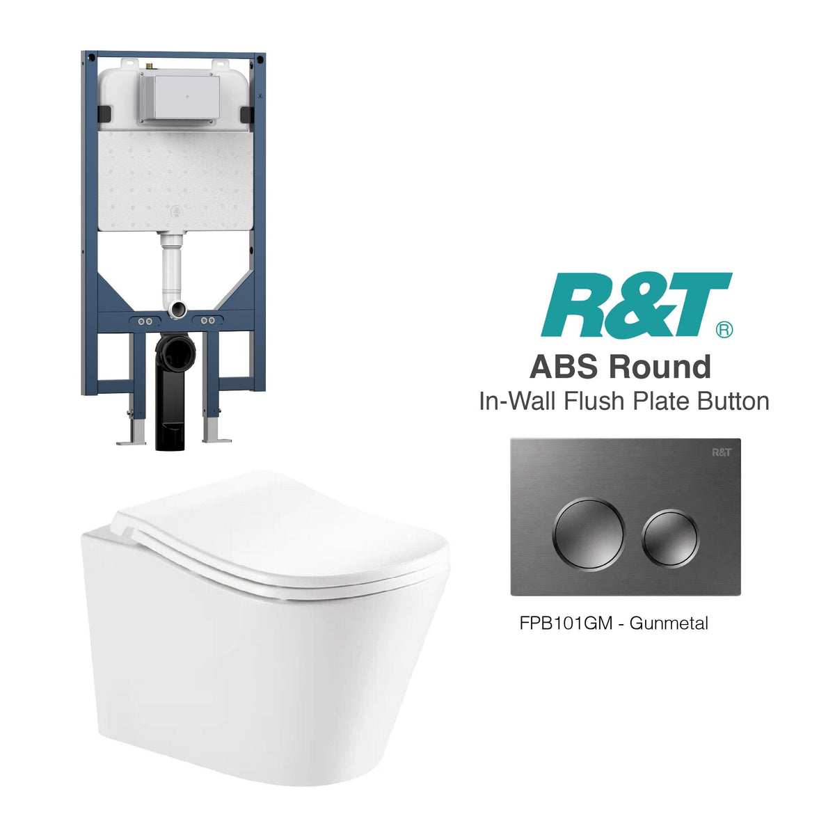 Edge52 Wall Hung Rimless Tornado Toilet Package - R&T Cistern & ABS Round Button Arova Edge52 Ergonomic Wall Hung Toilet Pan CST003 - R&T In Wall Toilet Cistern Gunmetal