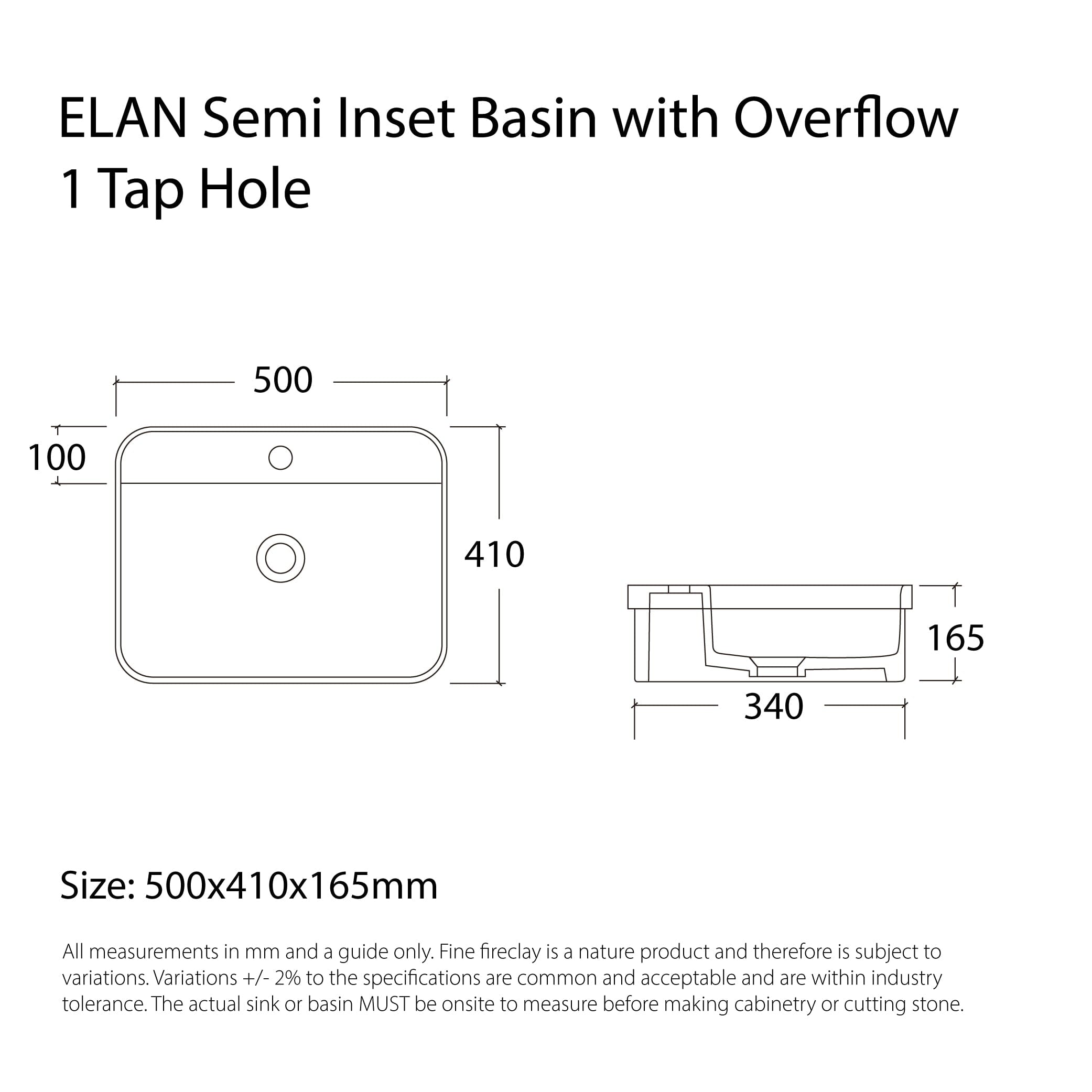ELAN Semi Inset Basin with Overflow 1 Tap Hole Gloss White Basins Arova