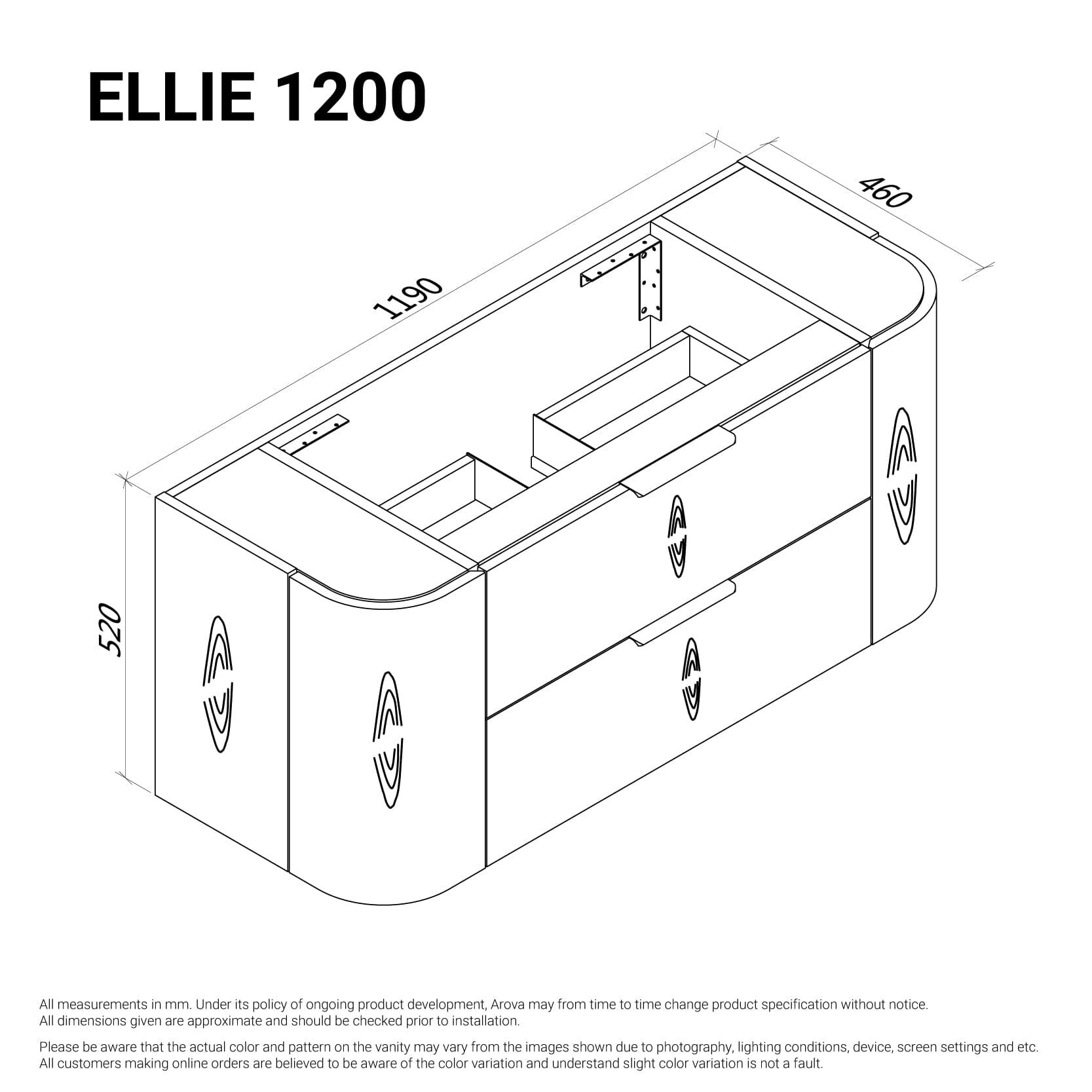 Ellie 1200mm Curved Wall Hung Vanity Vanities Arova