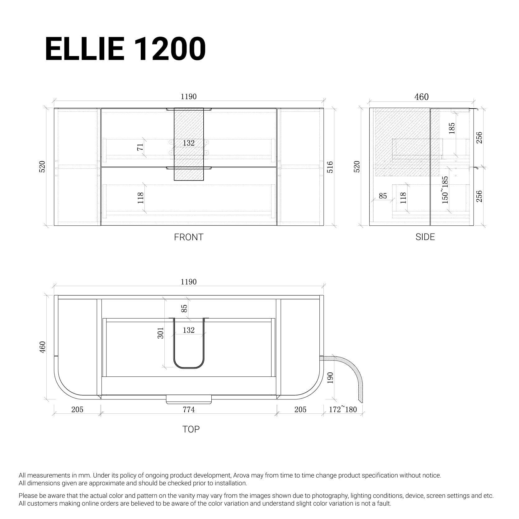 Ellie 1200mm Curved Wall Hung Vanity Vanities Arova