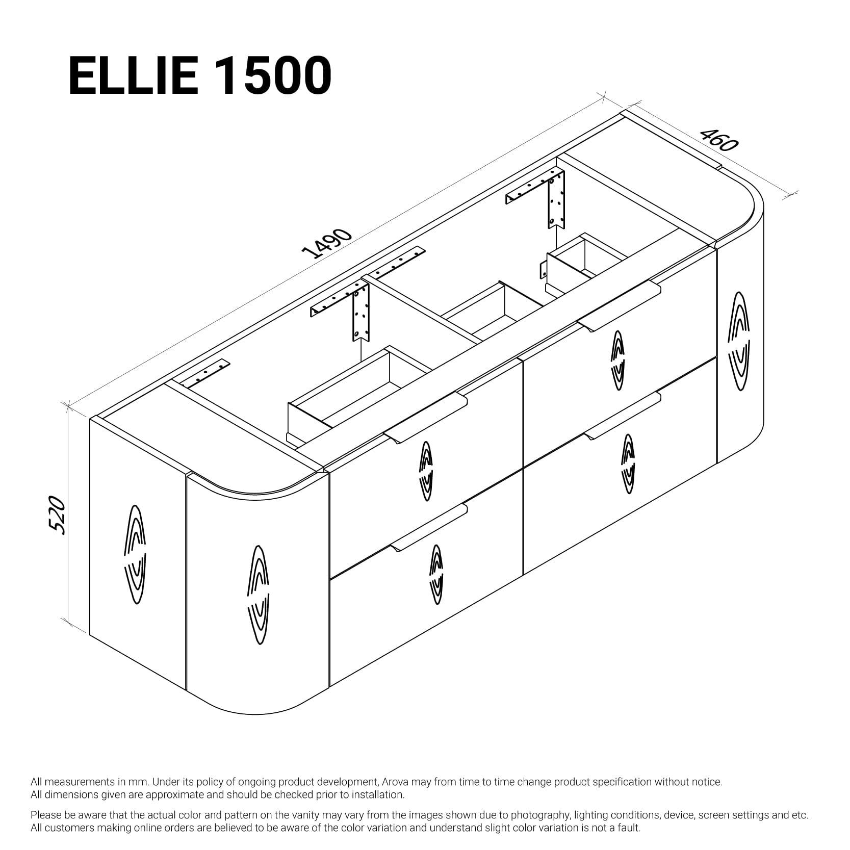 Ellie 1500mm Curved Wall Hung Vanity Double Bowls Vanities Arova