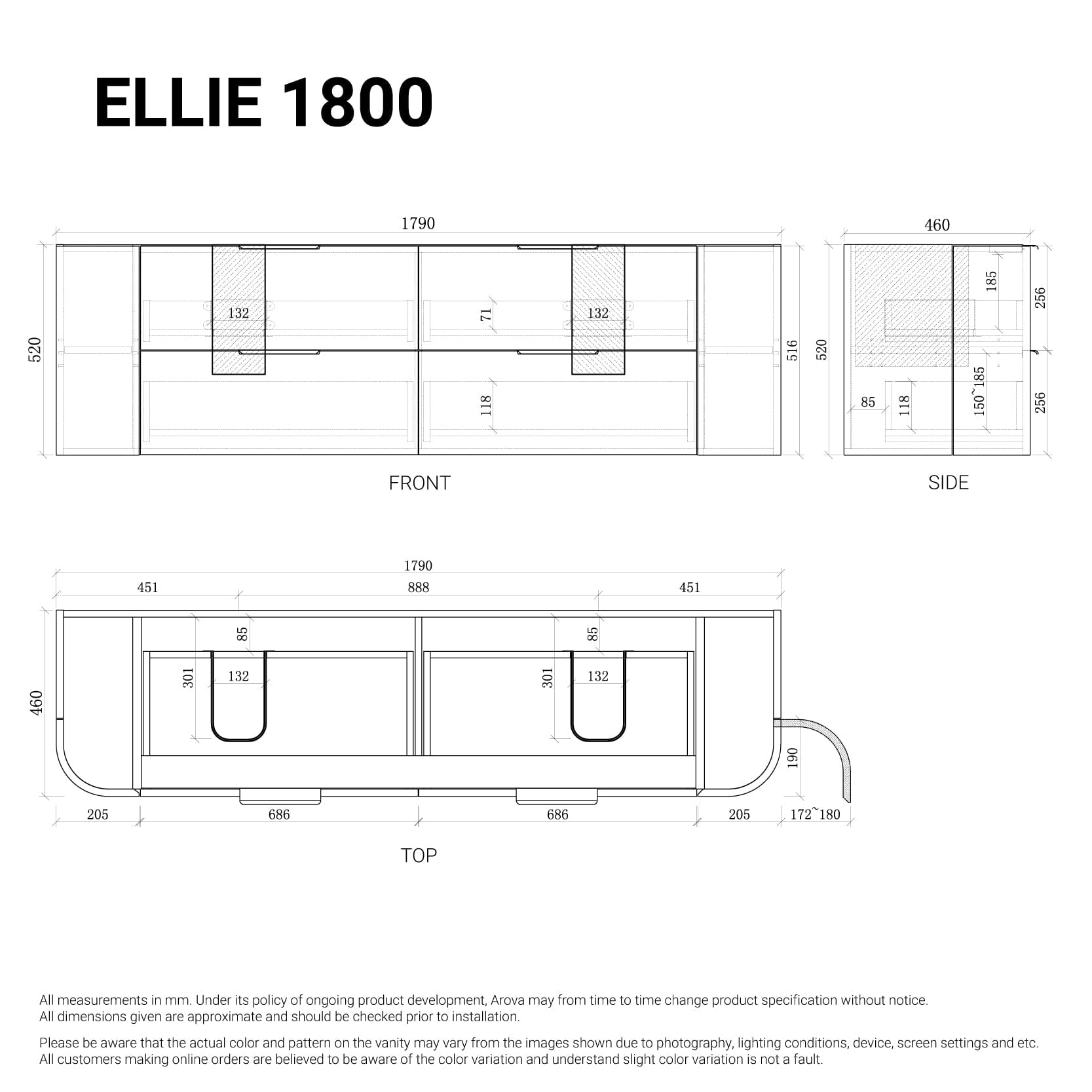 Ellie 1800mm Curved Wall Hung Vanity Double Bowls Vanities Arova