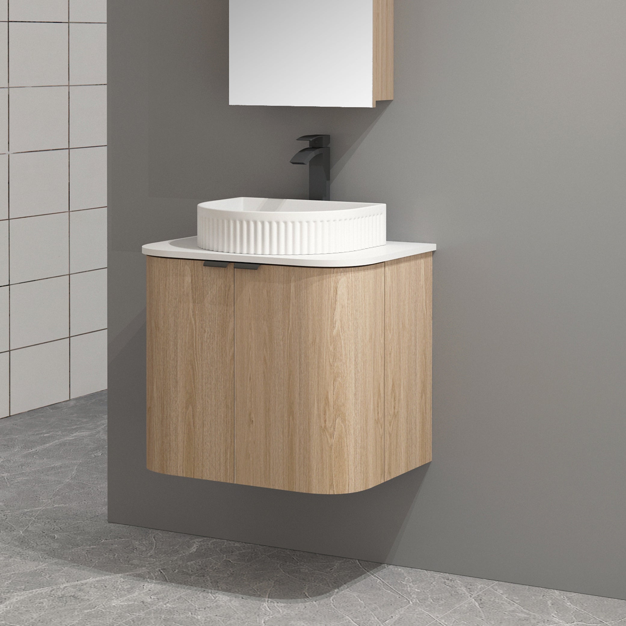 Ellie 600mm Curved Wall Hung Vanity + Curved Ceramic Top Arova