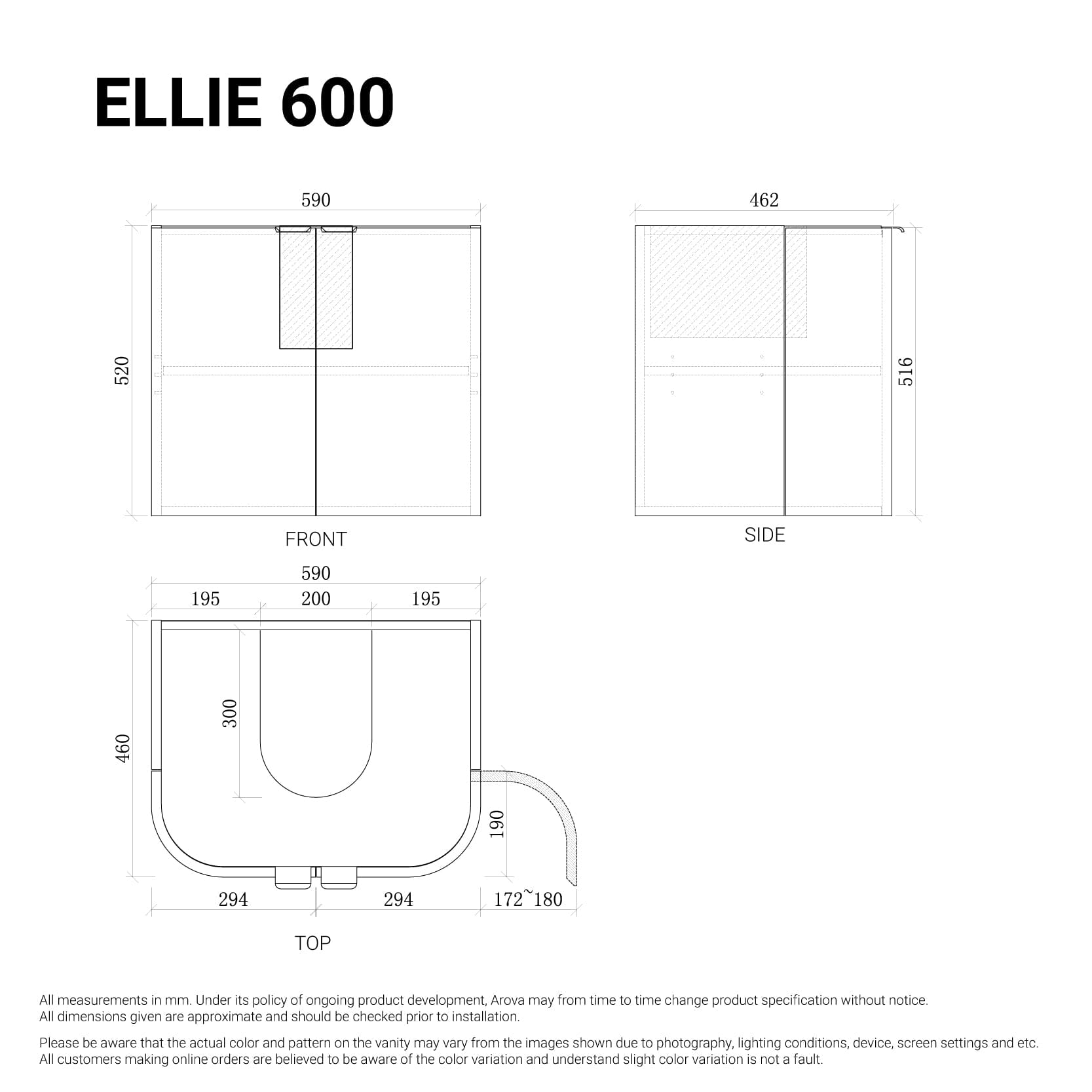 Ellie 600mm Curved Wall Hung Vanity Vanities Arova