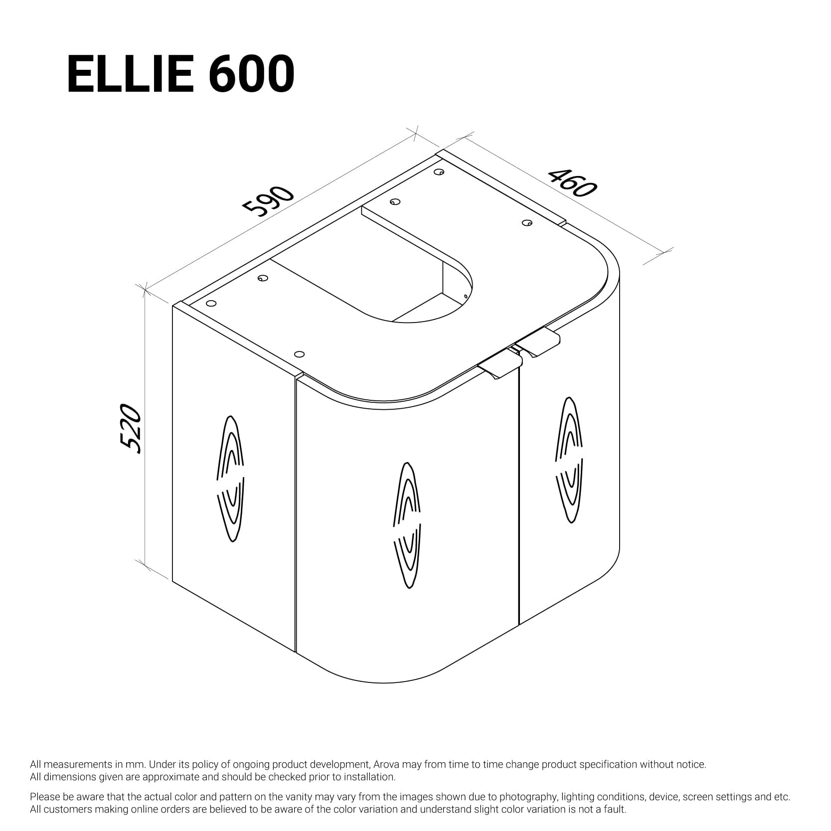 Ellie 600mm Curved Wall Hung Vanity Vanities Arova