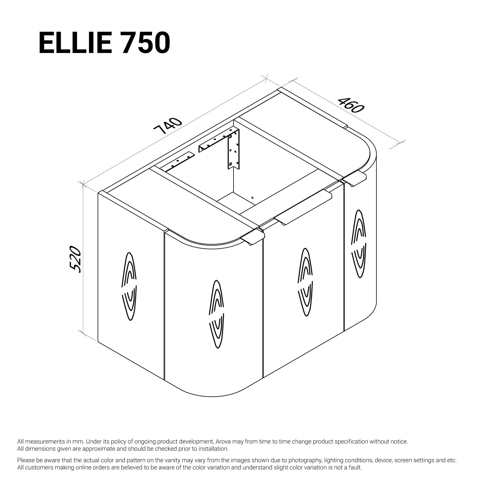 Ellie 750mm Curved Wall Hung Vanity Vanities Arova