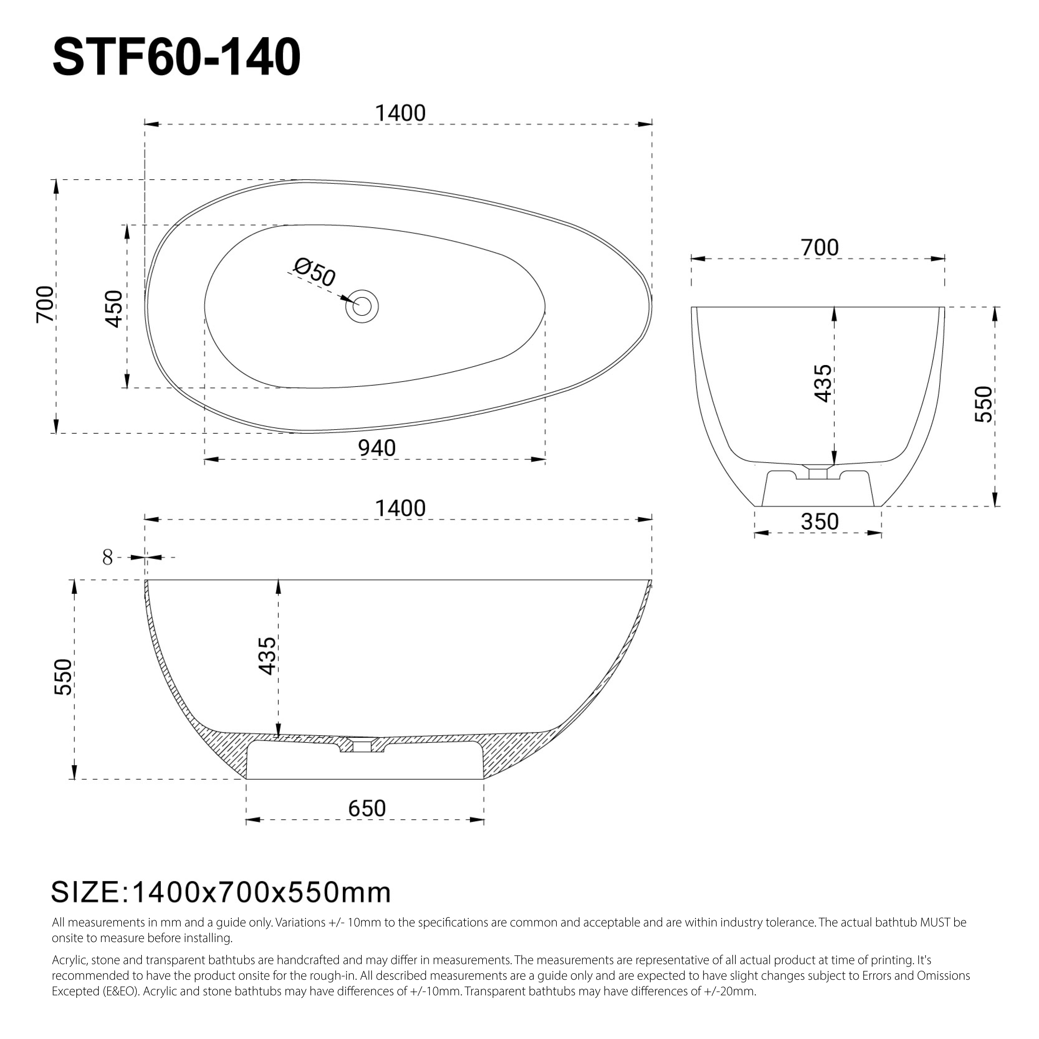FINN 1400mm Egg Shape Oval Stone Bath Matte White Baths AROVA