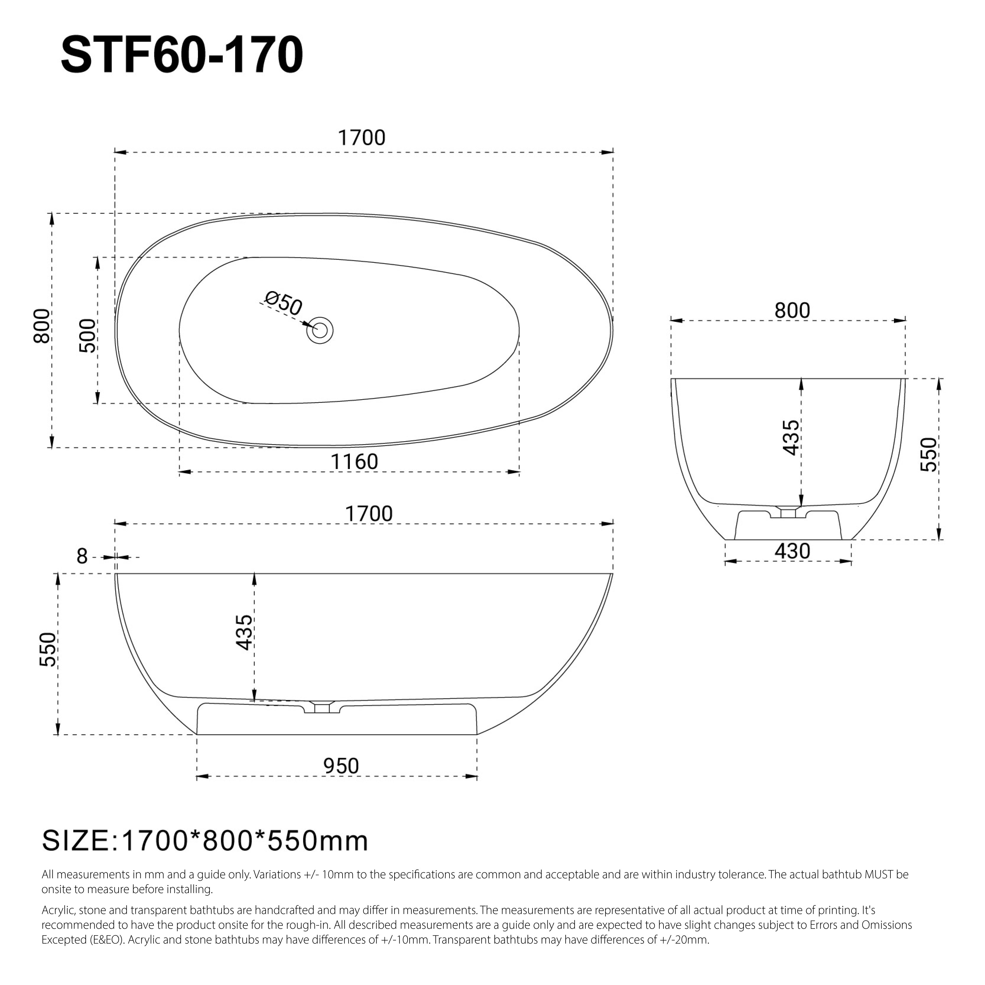 FINN 1700mm Egg Shape Oval Stone Bathtub Matte White Baths Arova