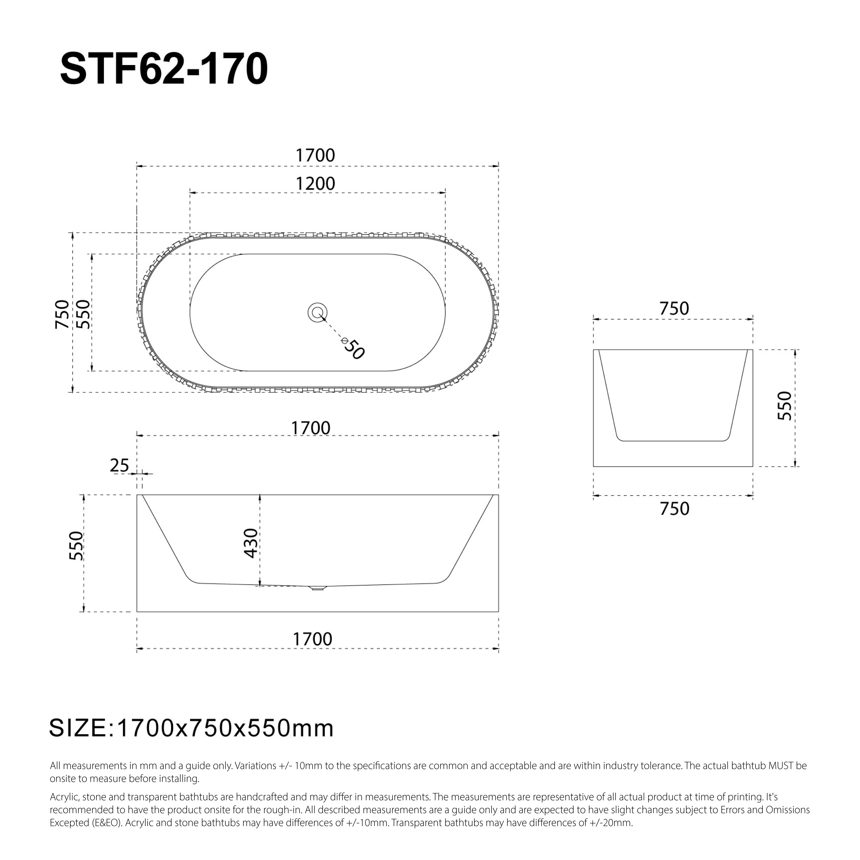 GABY 1700mm Stone Oval Fluted Freestanding Bathtub Matte White Baths AROVA