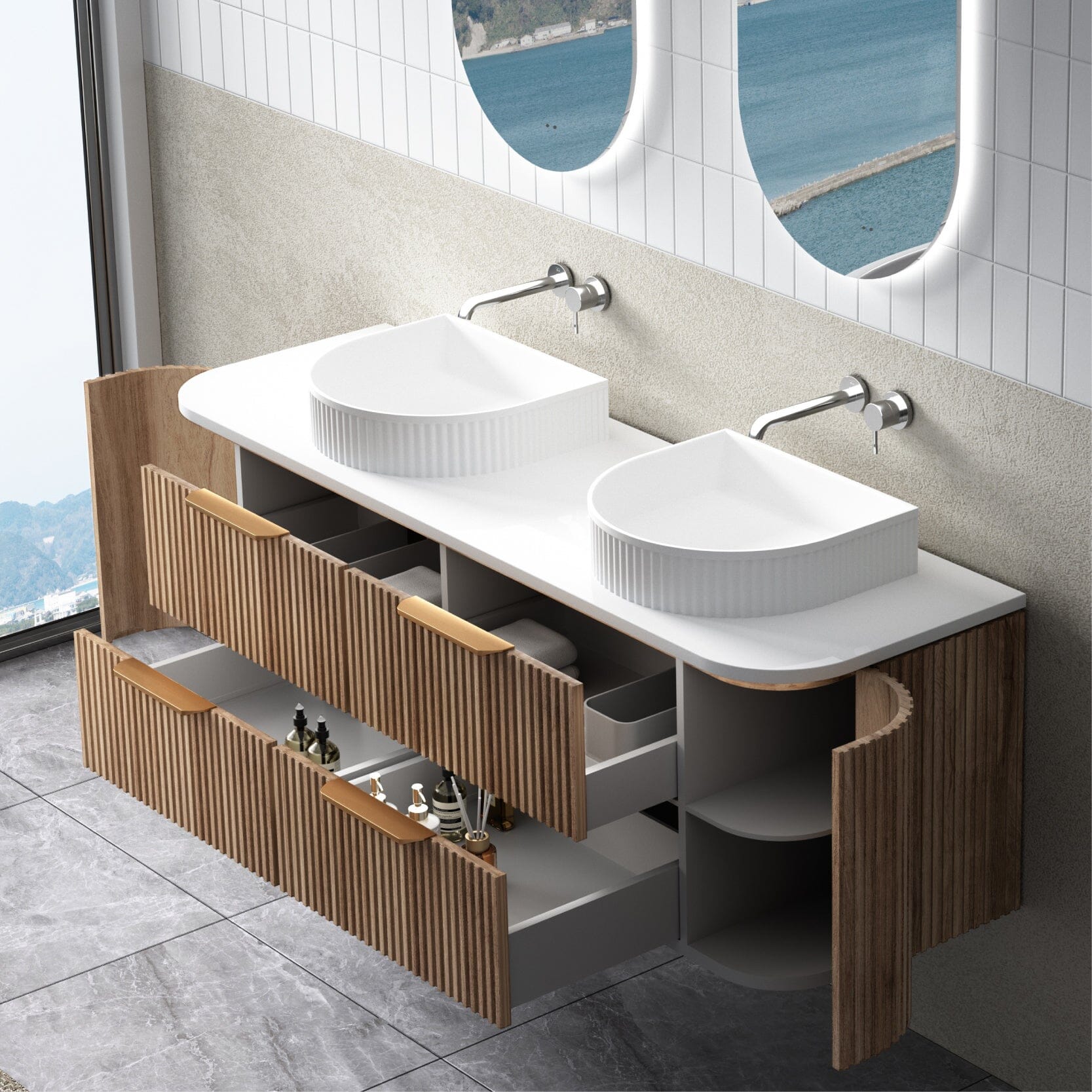 Hadley 1500mm Timber Veneer Curved Fluted Wall Hung Vanity + Luxe Stone Top Arova