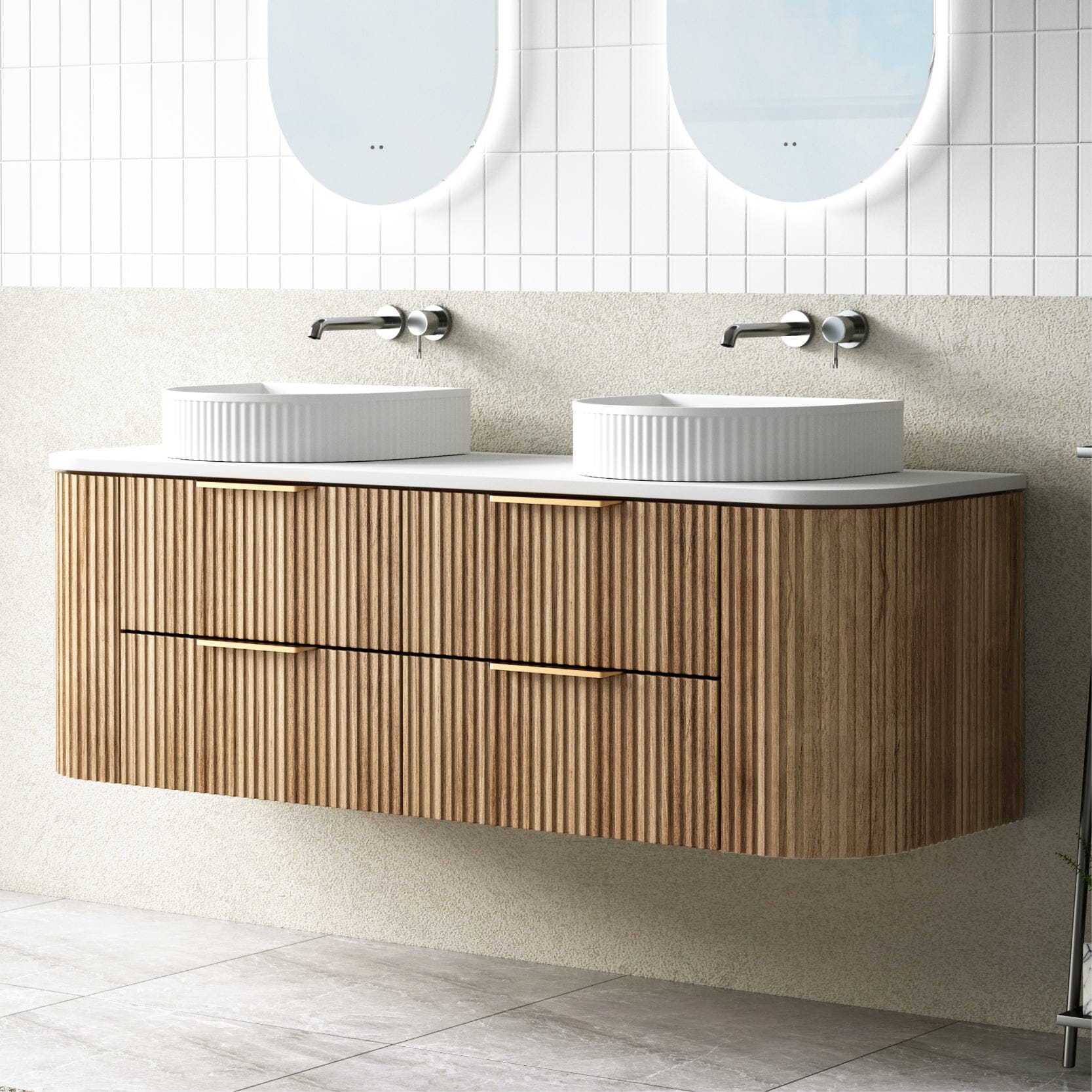 Hadley 1500mm Timber Veneer Curved Fluted Wall Hung Vanity + Luxe Stone Top Arova