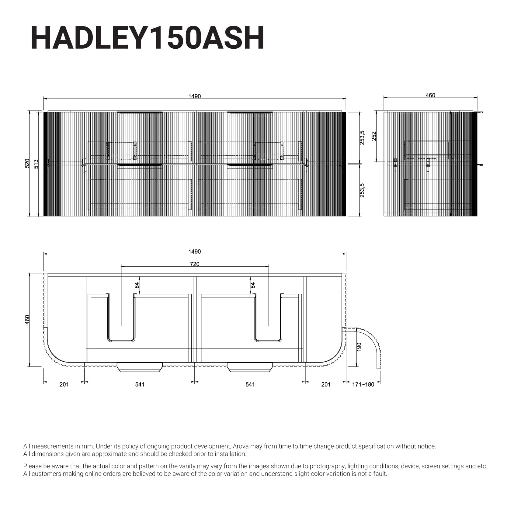 Hadley 1500mm Timber Veneer Curved Fluted Wall Hung Vanity + Luxe Stone Top Arova