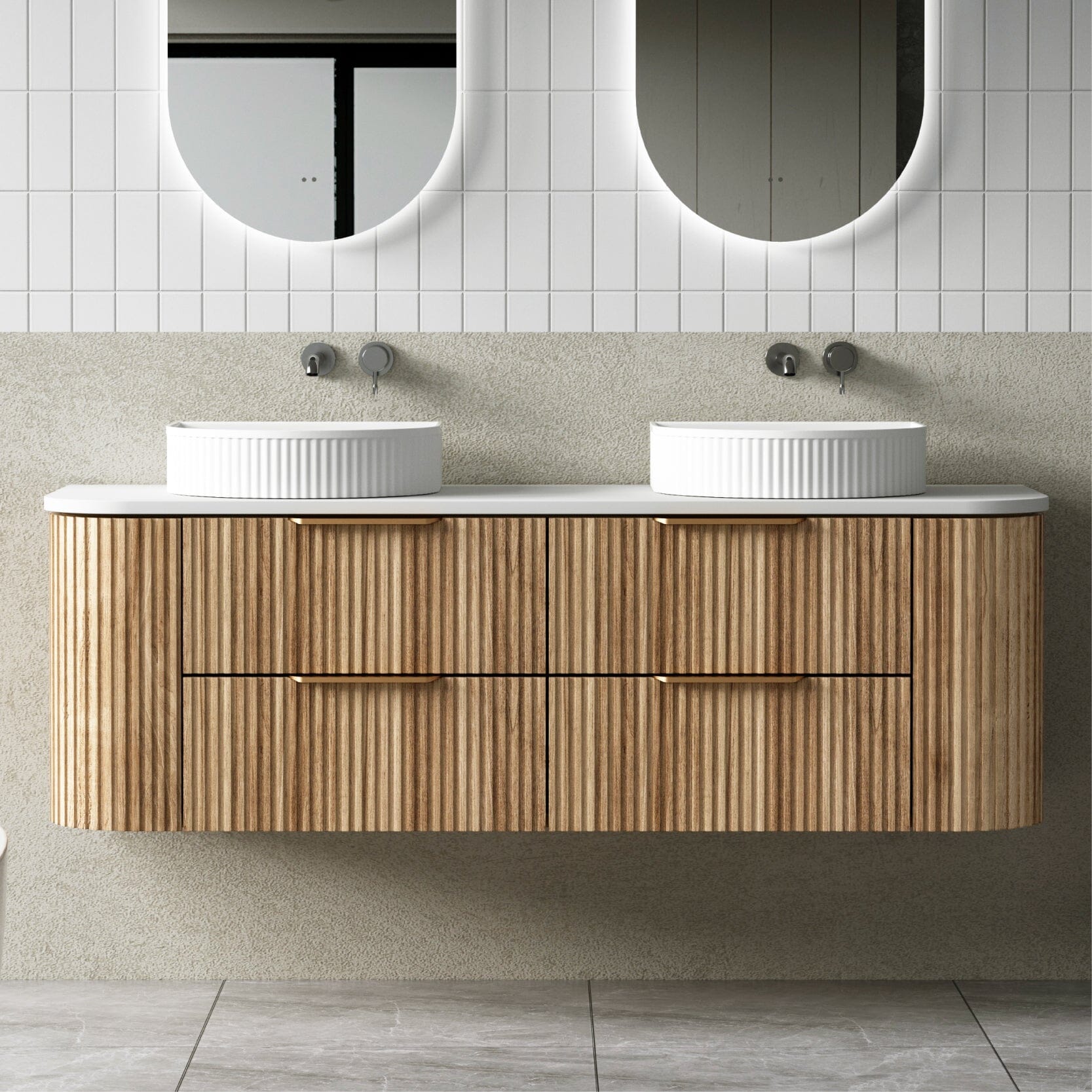 Hadley 1500mm Timber Veneer Curved Fluted Wall Hung Vanity + Luxe Stone Top Arova