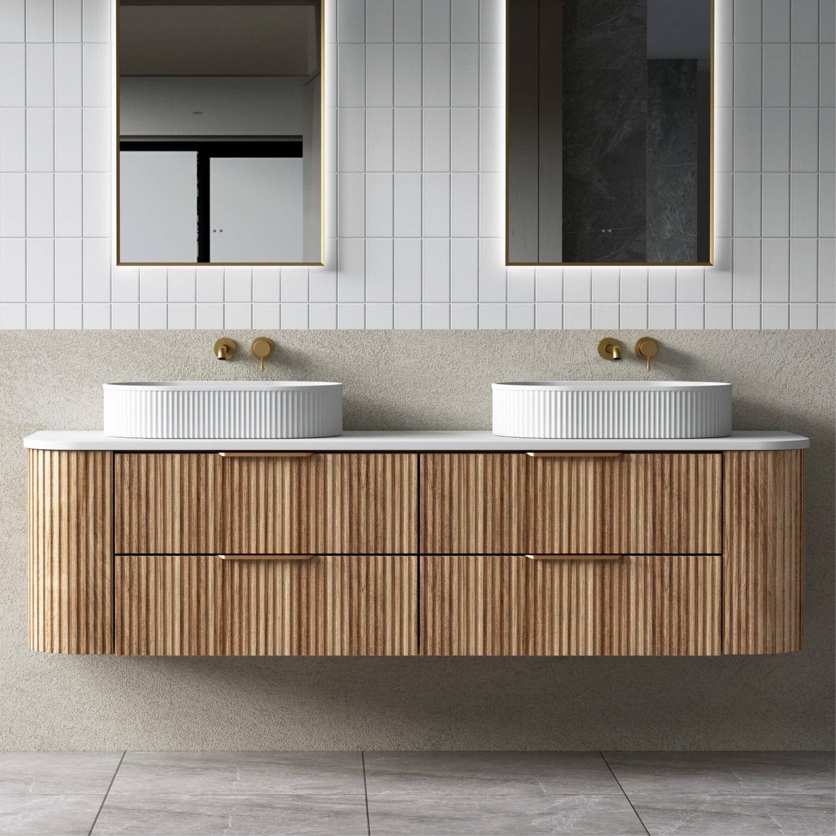 Hadley 1800mm Curved Fluted Wall Hung Vanity Timber Veneer + Luxe Stone Top Arova