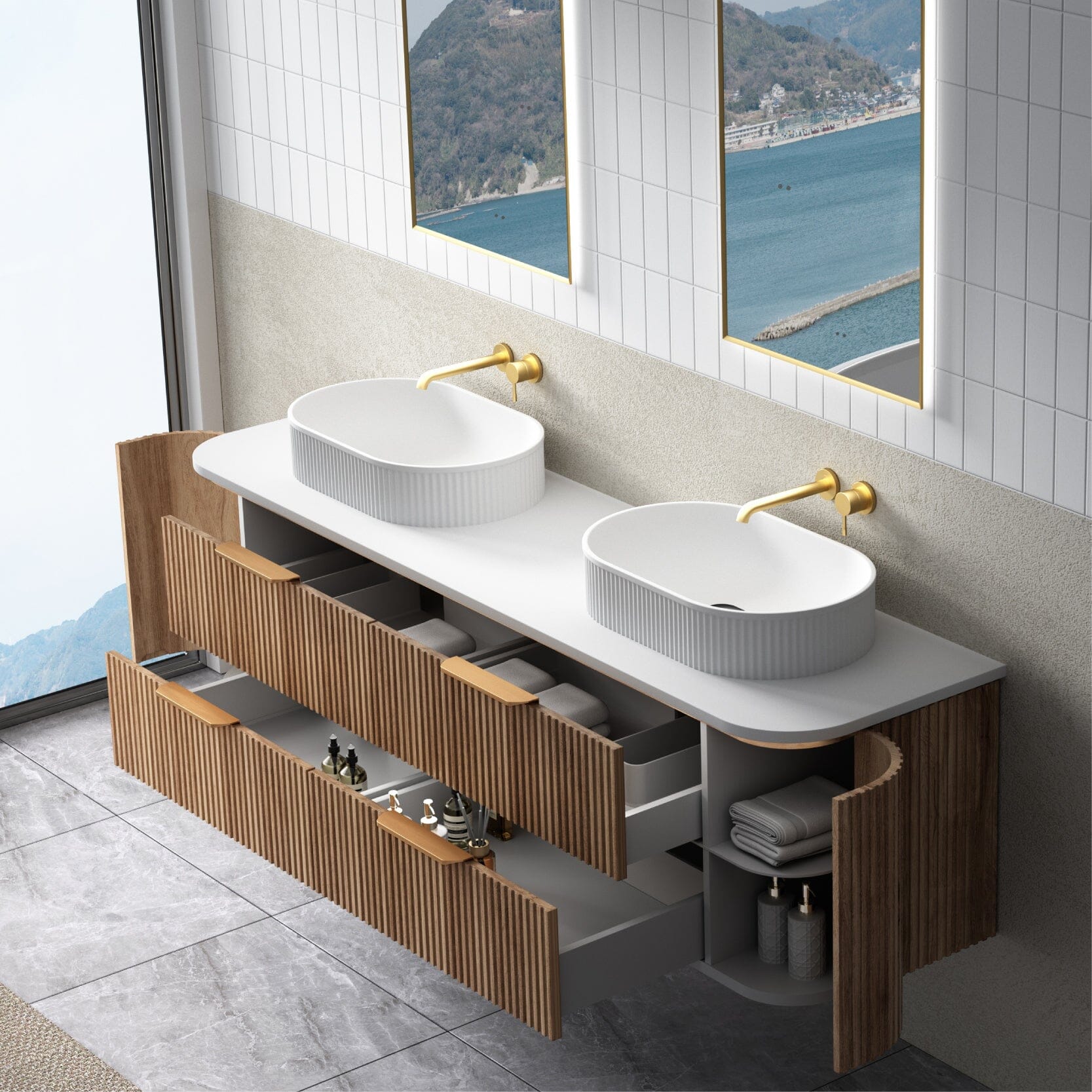Hadley 1800mm Curved Fluted Wall Hung Vanity Timber Veneer + Luxe Stone Top Arova