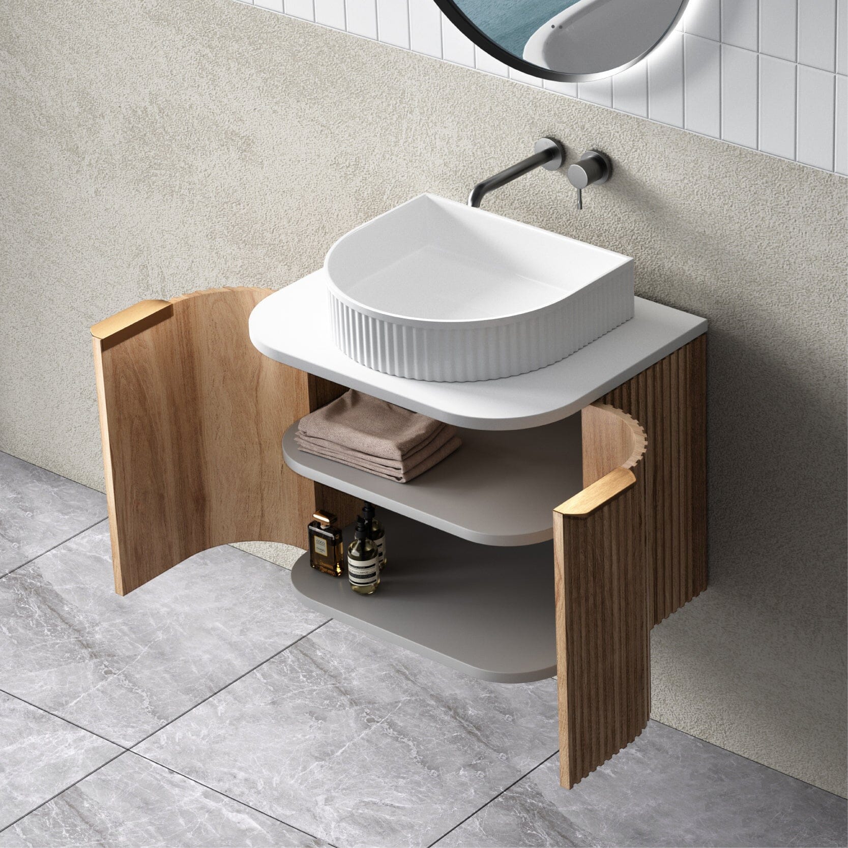Hadley 600mm Curved Fluted Wall Hung Vanity Timber Veneer + Luxe Stone Top Arova