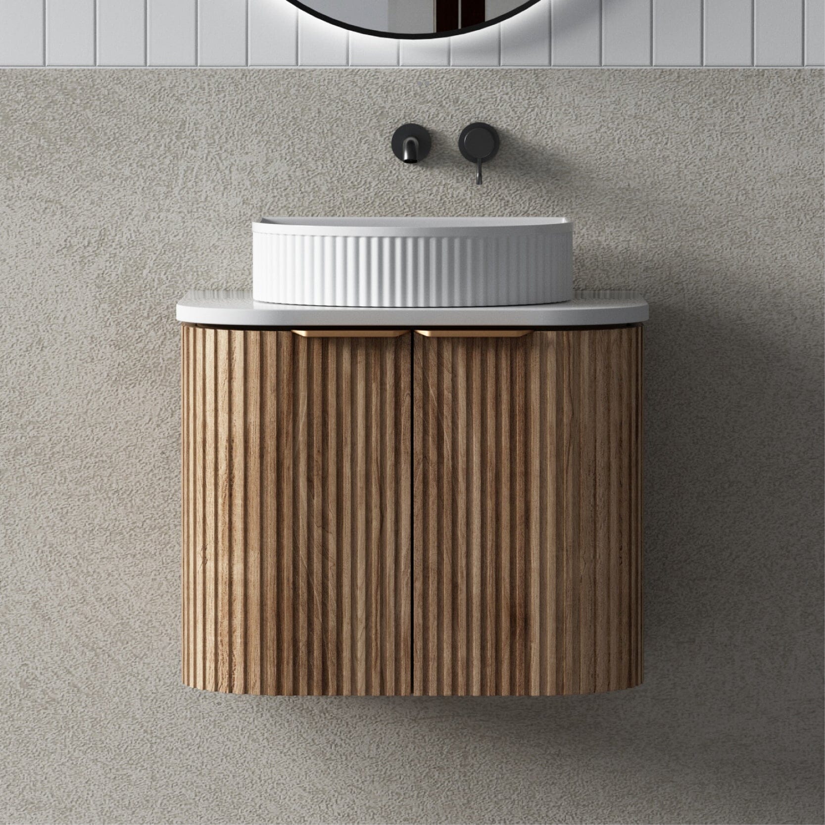 Hadley 600mm Curved Fluted Wall Hung Vanity Timber Veneer + Luxe Stone Top Arova