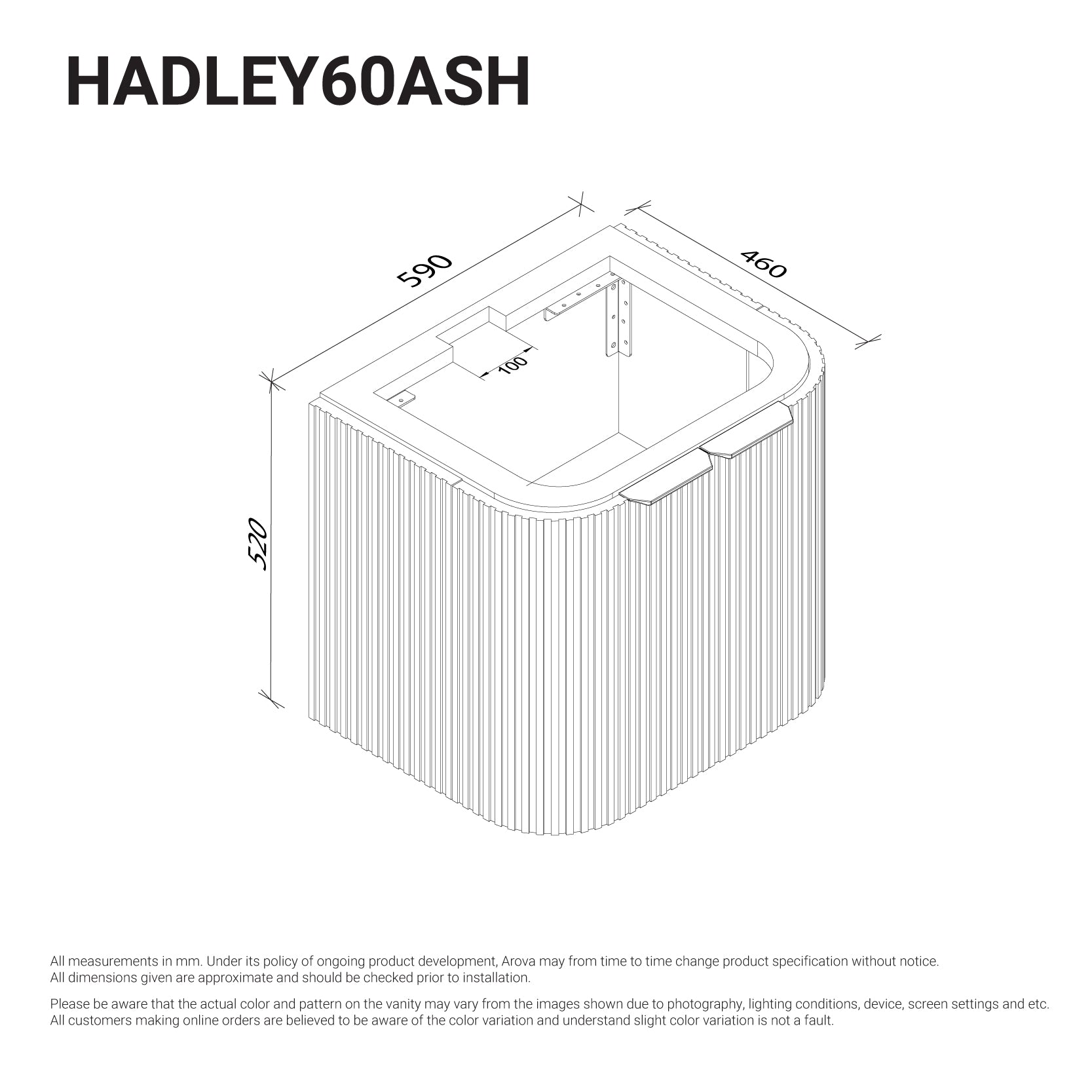 Hadley 600mm Curved Fluted Wall Hung Vanity Timber Veneer Vanities Arova