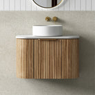 Hadley 750mm Curved Fluted Wall Hung Vanity Timber Veneer + Luxe Stone Top Arova
