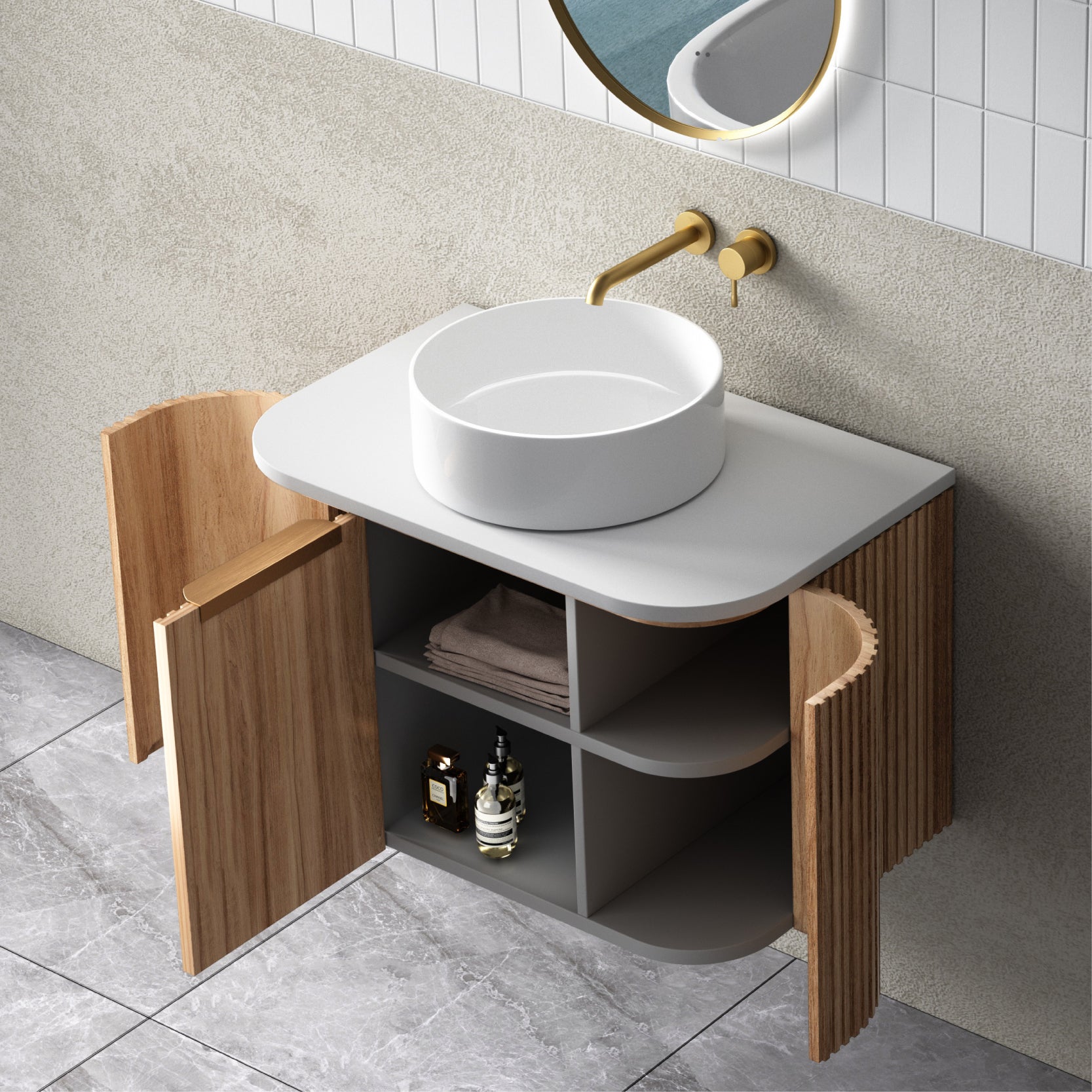 Hadley 750mm Curved Fluted Wall Hung Vanity Timber Veneer + Luxe Stone Top Arova