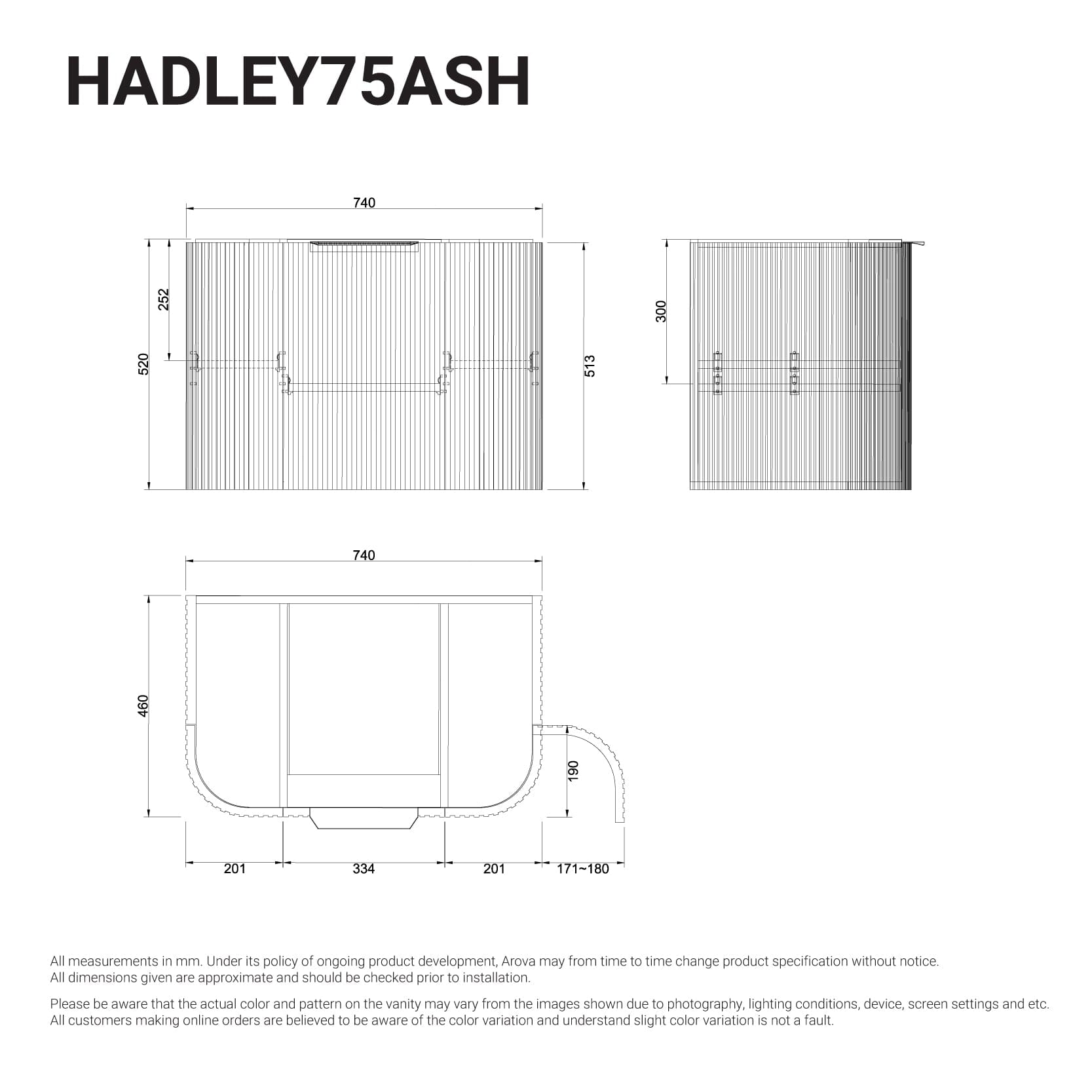 Hadley 750mm Curved Fluted Wall Hung Vanity Timber Veneer Vanities Arova