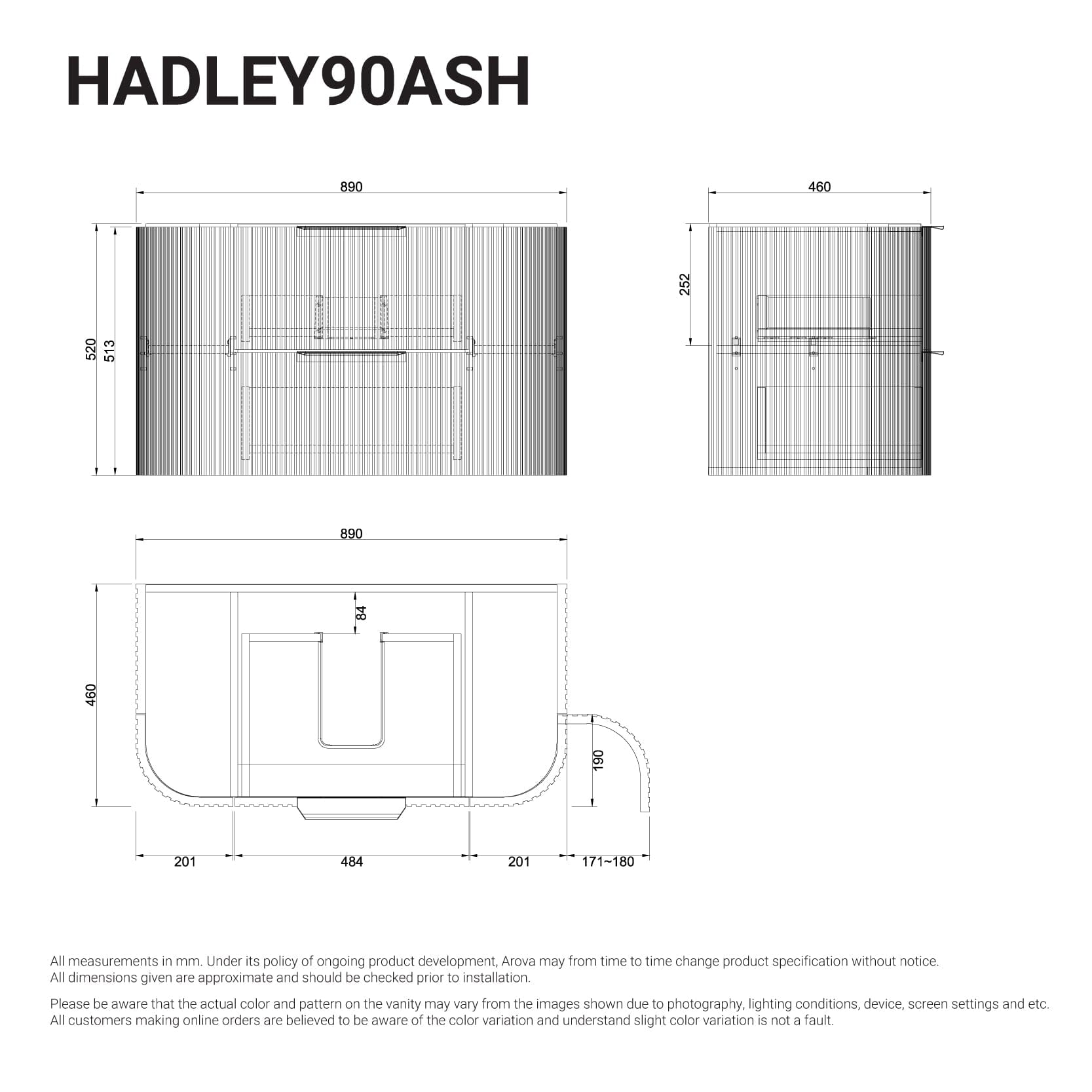Hadley 900mm Curved Fluted Wall Hung Vanity Timber Veneer + Luxe Stone Top Arova