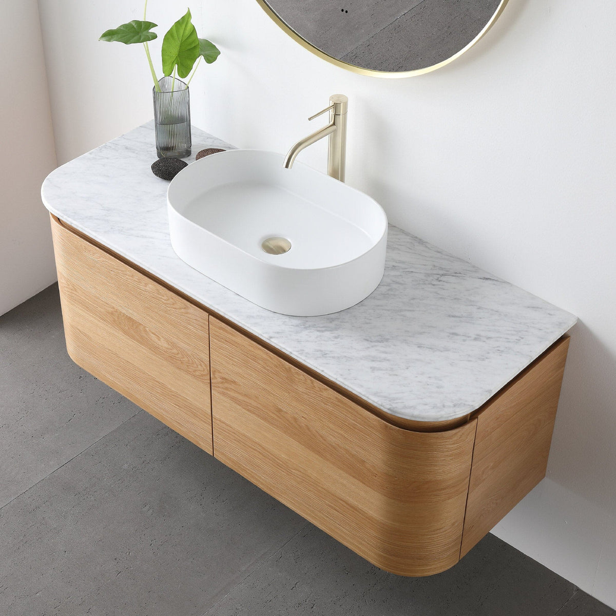 Halo 1200mm Curved Wall Hung Bathroom Vanity + Eira Stone Top Vanities Arova