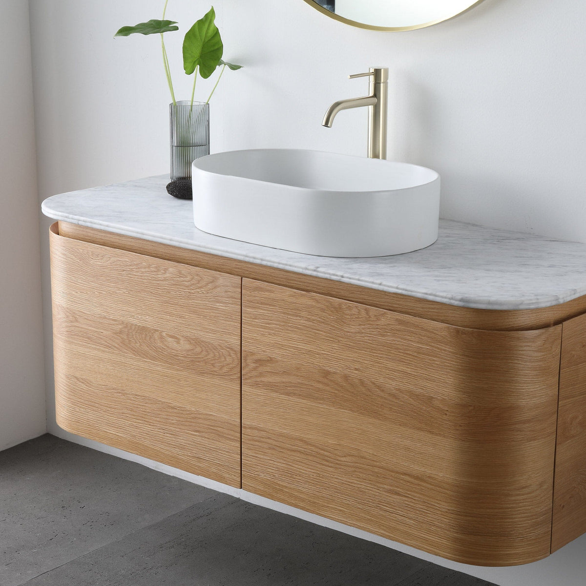 Halo 1200mm Curved Wall Hung Bathroom Vanity + Eira Stone Top Vanities Arova