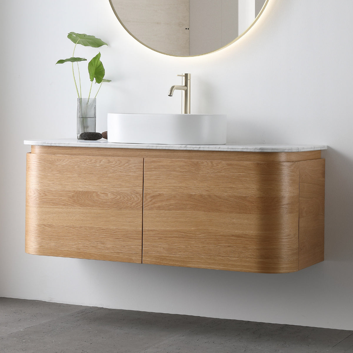 Halo 1200mm Curved Wall Hung Bathroom Vanity + Eira Stone Top Vanities Arova