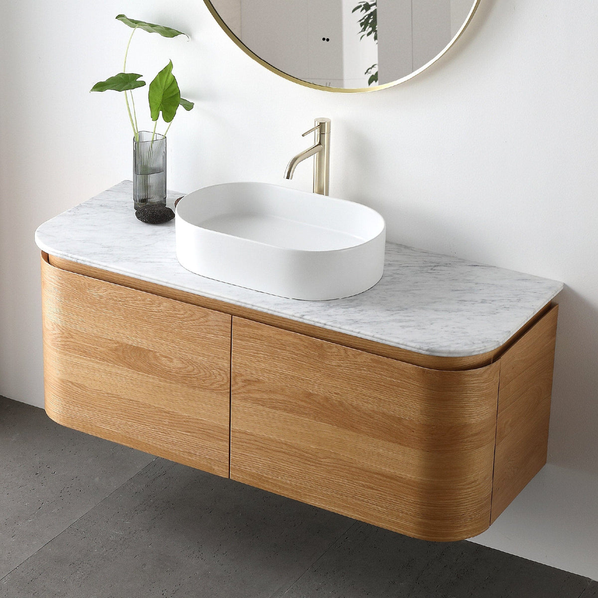 Halo 1200mm Curved Wall Hung Bathroom Vanity + Luxe Stone Top Vanities Arova