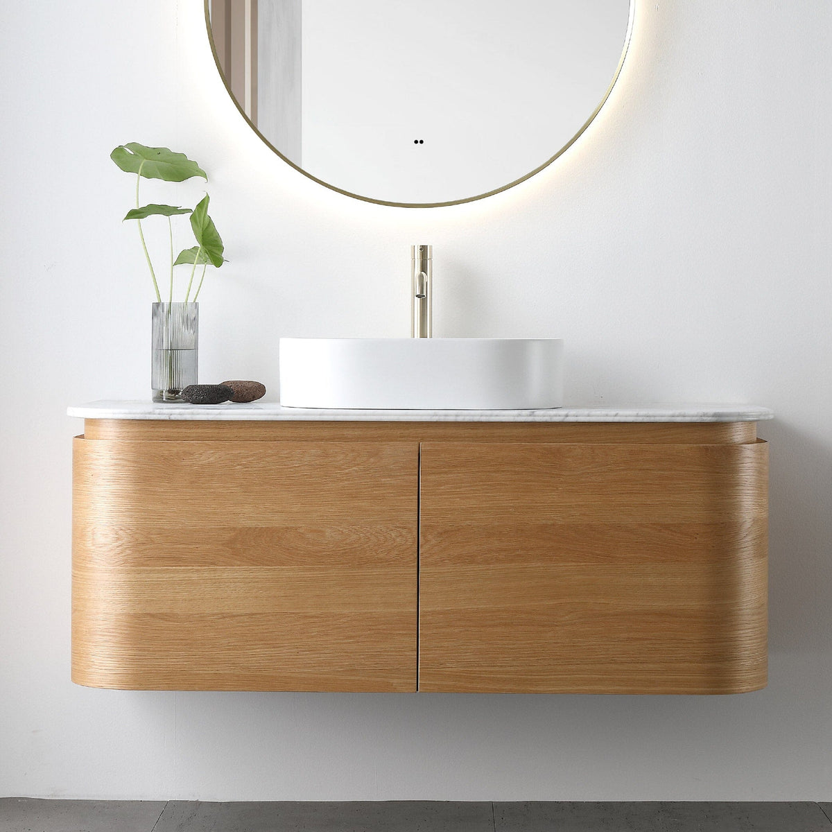 Halo 1200mm Curved Wall Hung Bathroom Vanity + Natural Carrara Marble Top Vanities Arova