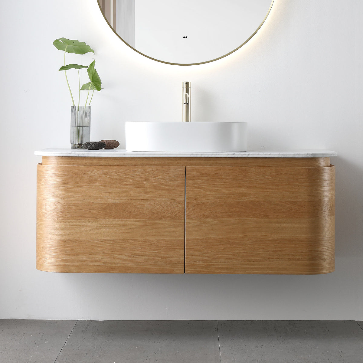 Halo 1200mm Curved Wall Hung Bathroom Vanity + Natural Carrara Marble Top Vanities Arova