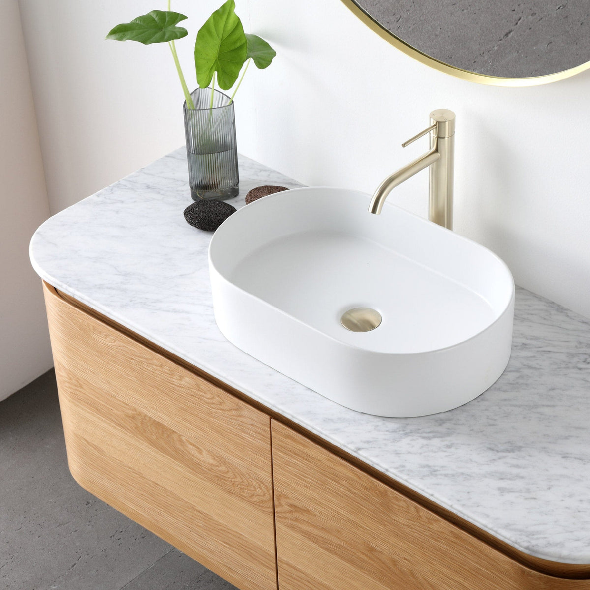 Halo 1200mm Curved Wall Hung Bathroom Vanity + Natural Carrara Marble Top Vanities Arova
