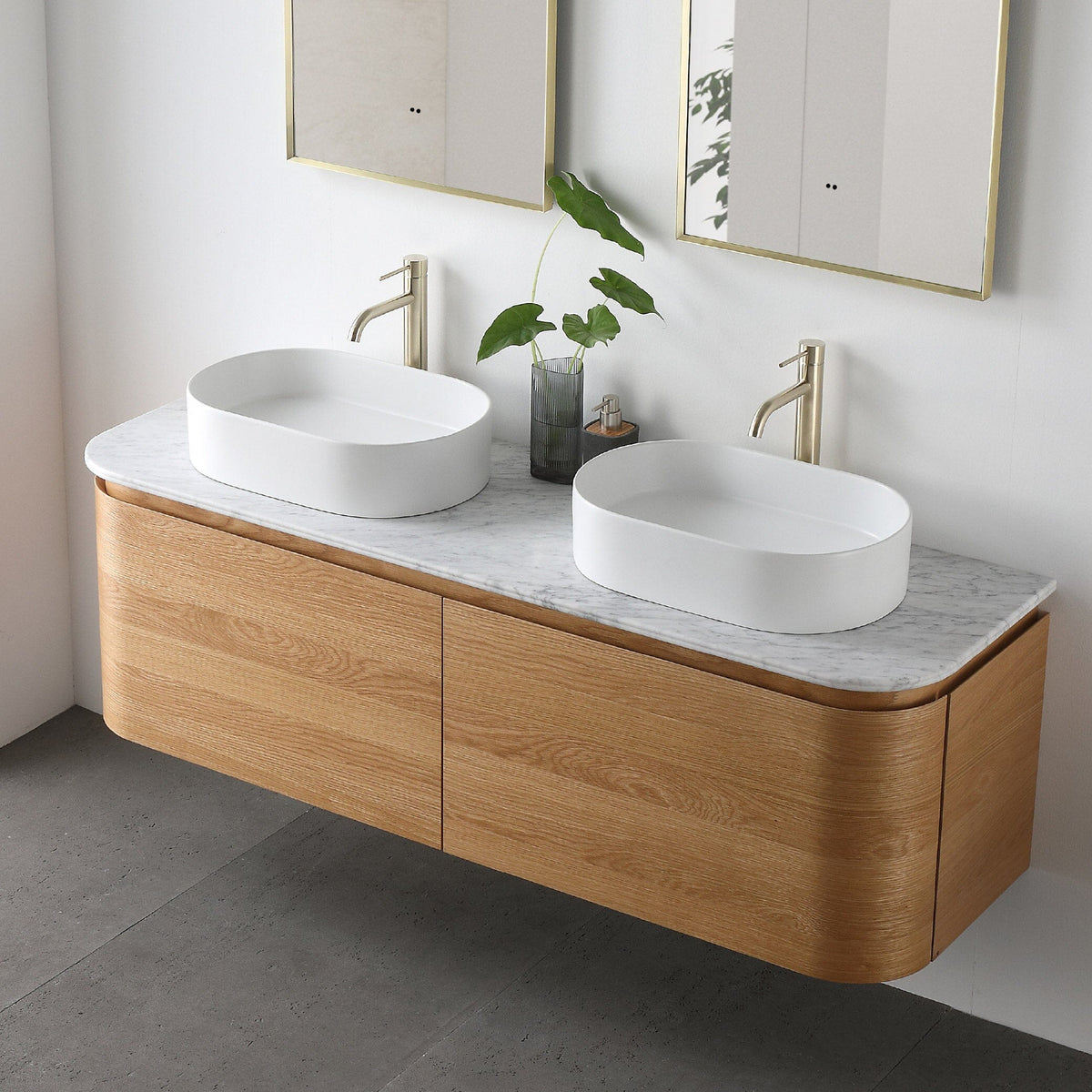 Halo 1500mm Curved Wall Hung Bathroom Vanity + Natural Carrara Marble Top Vanities Arova