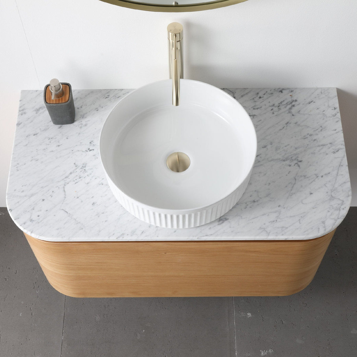 Halo 900mm Curved Wall Hung Bathroom Vanity + Eira Stone Top Vanities Arova