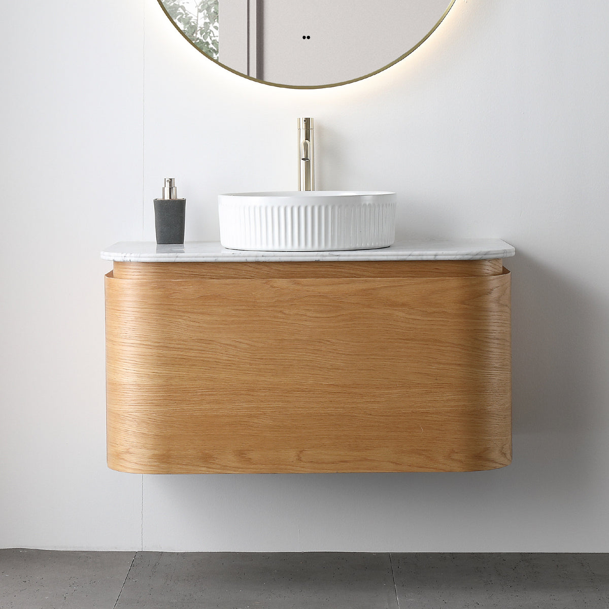 Halo 900mm Curved Wall Hung Bathroom Vanity + Luxe Stone Top Vanities Arova