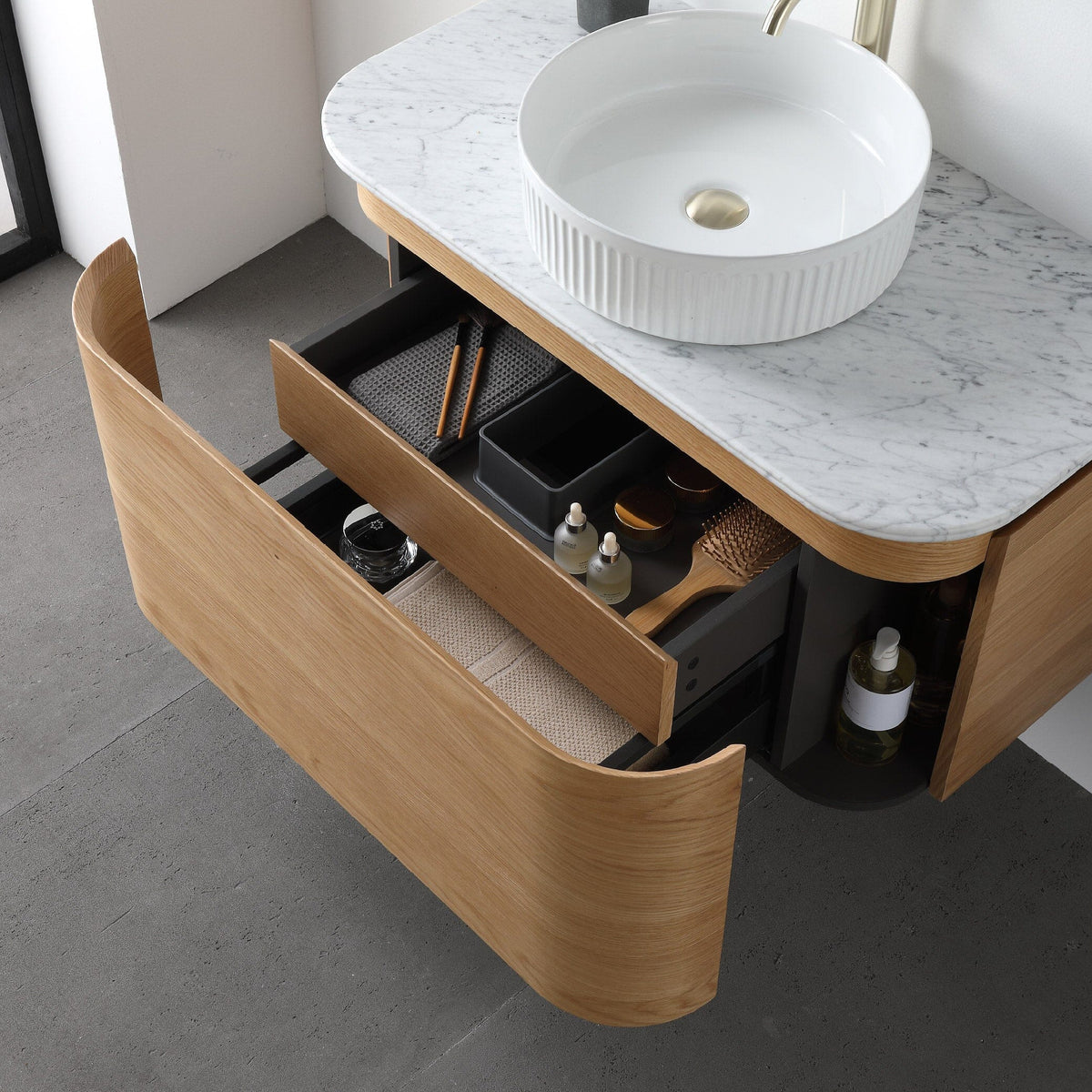 Halo 900mm Curved Wall Hung Bathroom Vanity + Natural Carrara Marble Top Vanities Arova