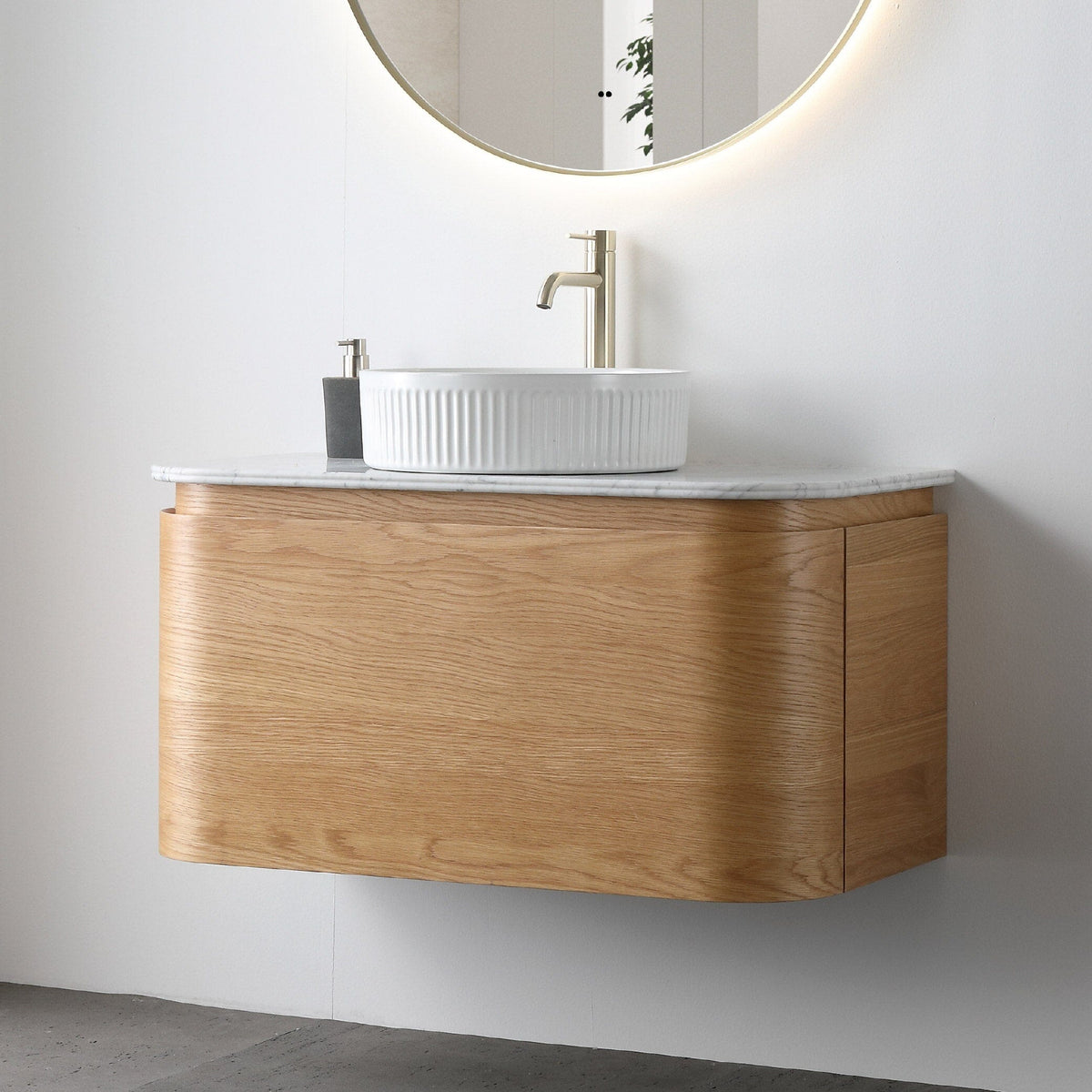 Halo 900mm Curved Wall Hung Bathroom Vanity + Natural Carrara Marble Top Vanities Arova