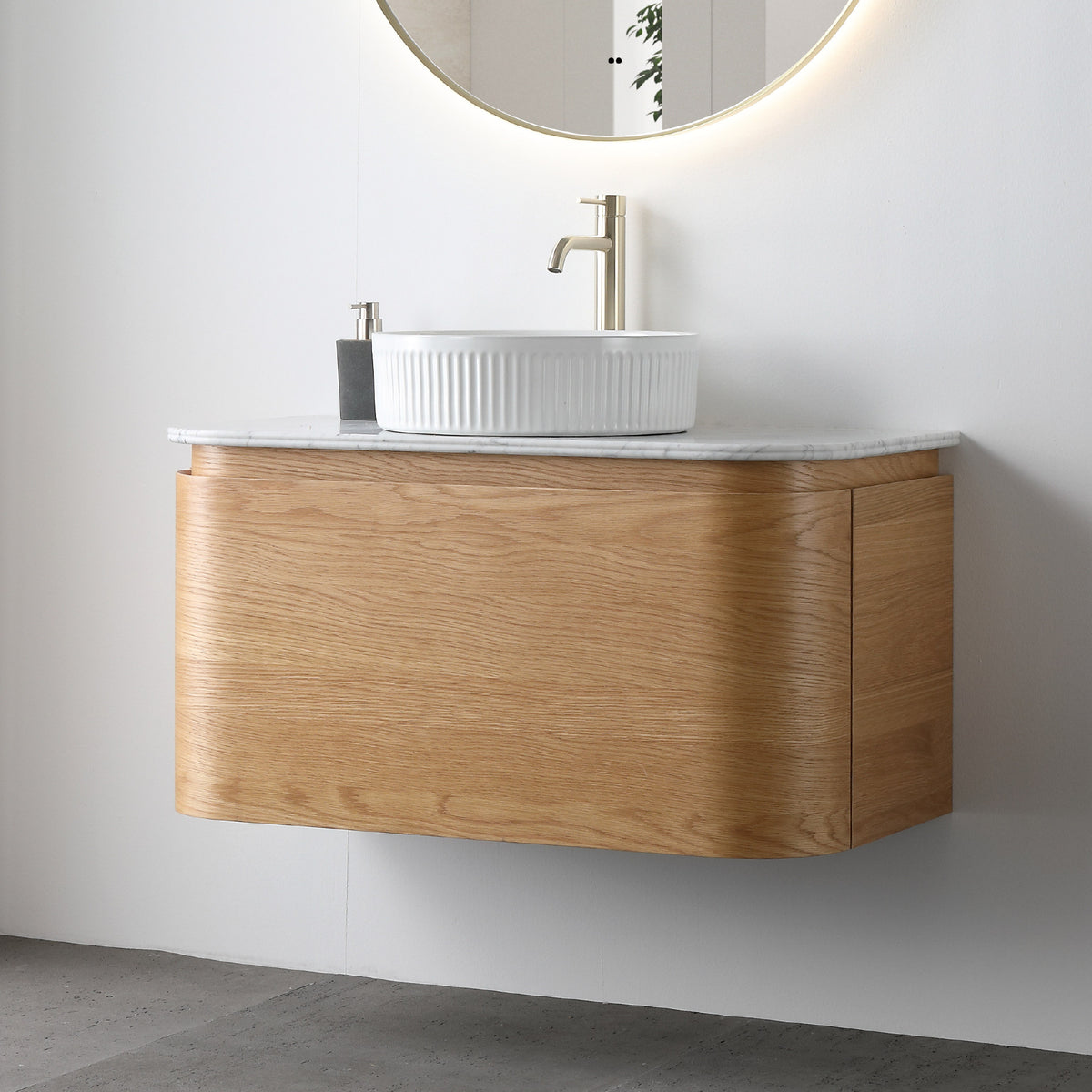 Halo 900mm Curved Wall Hung Bathroom Vanity + Natural Carrara Marble Top Vanities Arova