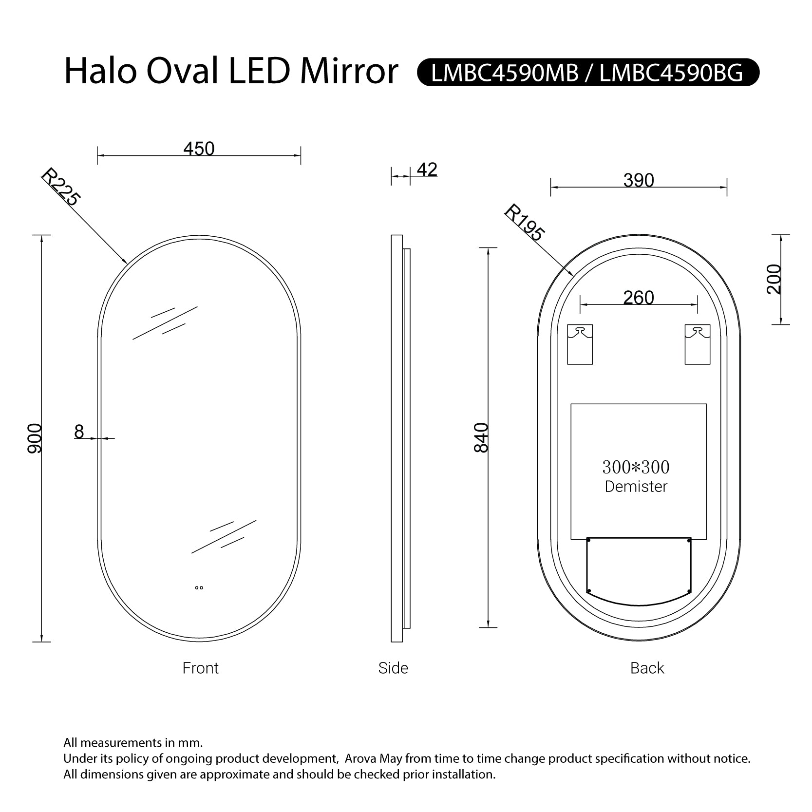 Halo Black Frame Anti-Fog Dimmable Oval Led Bathroom Mirror LED Mirror Arova