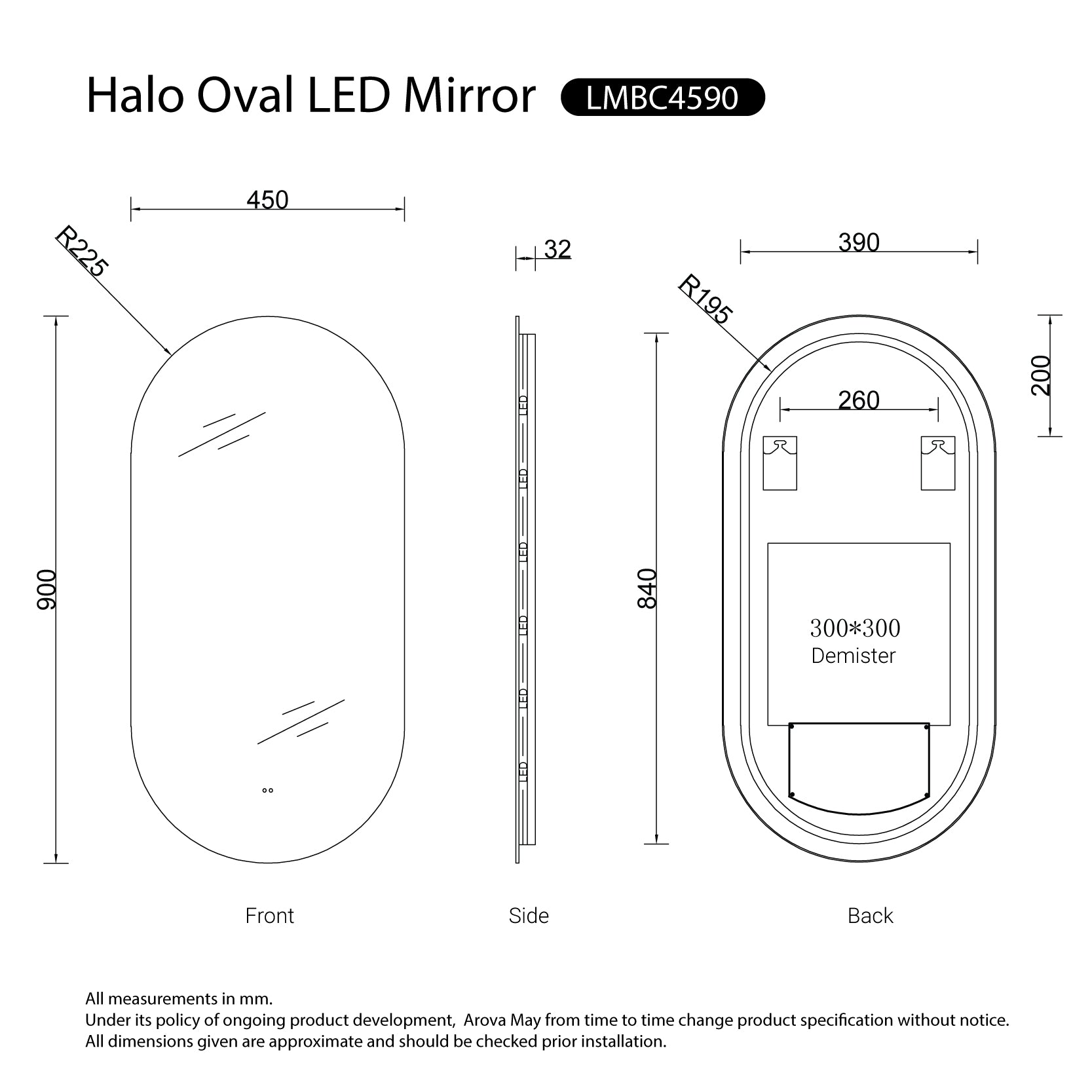 Halo Frameless Anti-Fog Dimmable Oval Led Bathroom Mirror LED Mirror Arova