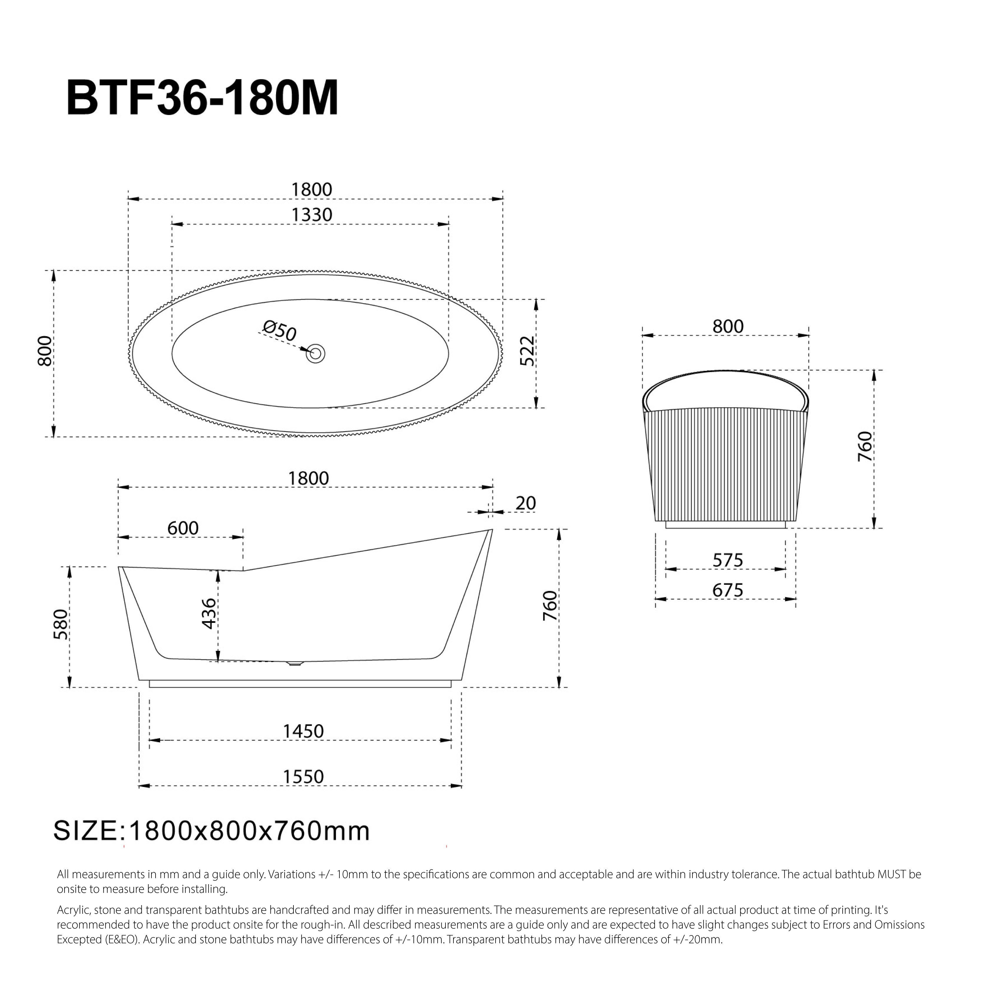 Helena 1800mm V-Groove Fluted Large Free Standing Bathtub Matte White Baths AROVA