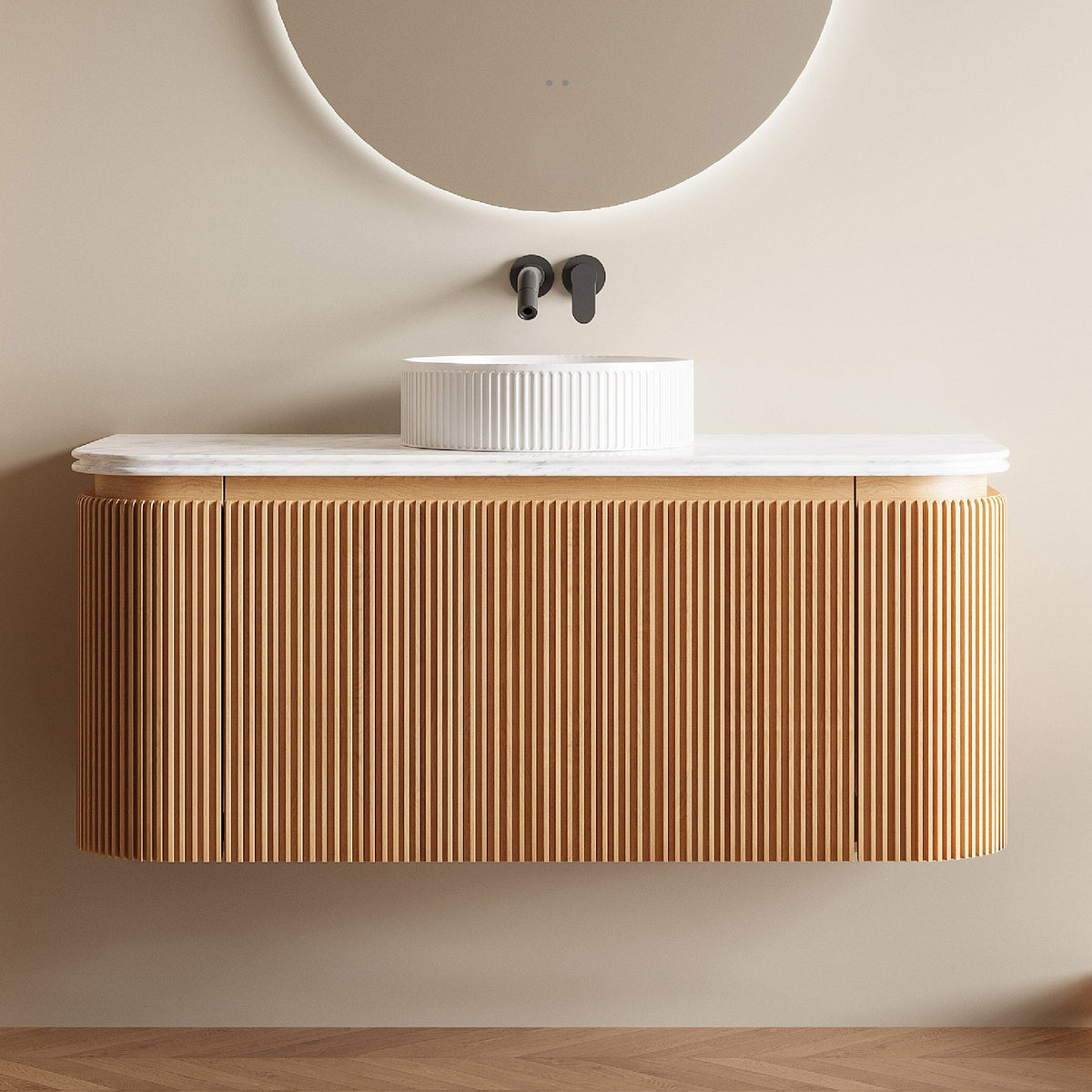KODI 1200mm Curved Fluted Timber Veneer Wall Hung Bathroom Vanity + Natural Carrara Marble Top Vanities Arova