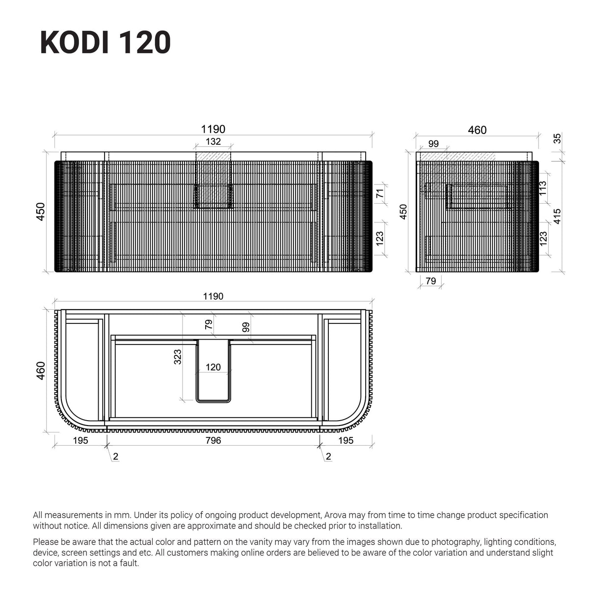 KODI 1200mm Curved Fluted Timber Veneer Wall Hung Bathroom Vanity + Natural Carrara Marble Top Vanities Arova